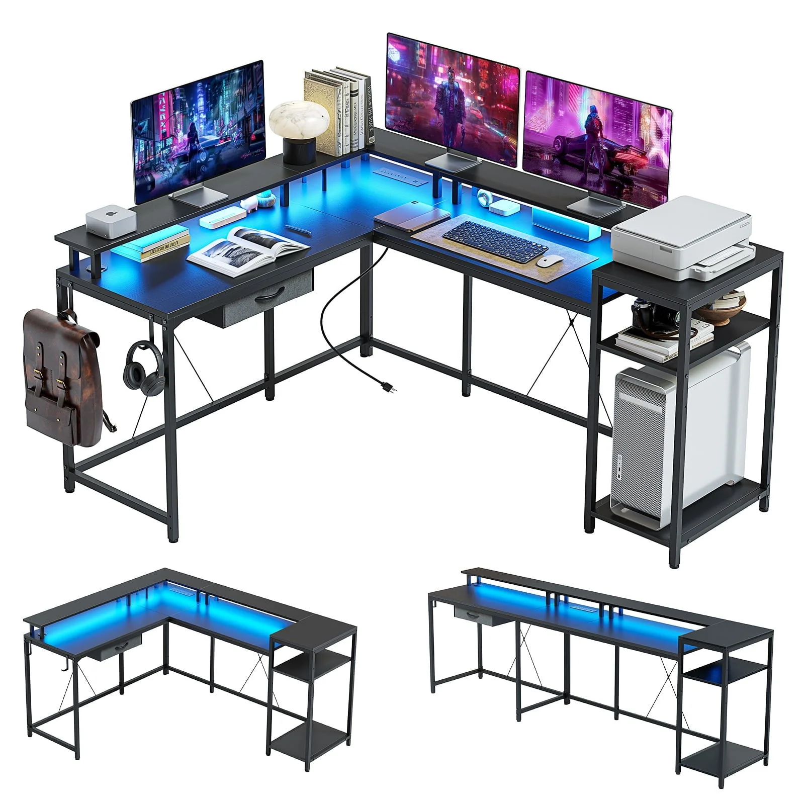 Towallmark Reversible 68" L Shaped Gaming Desk With LED Light Strip & Power Outlet Office Corner Computer PC Home Desk With File Drawer Monitor Stand