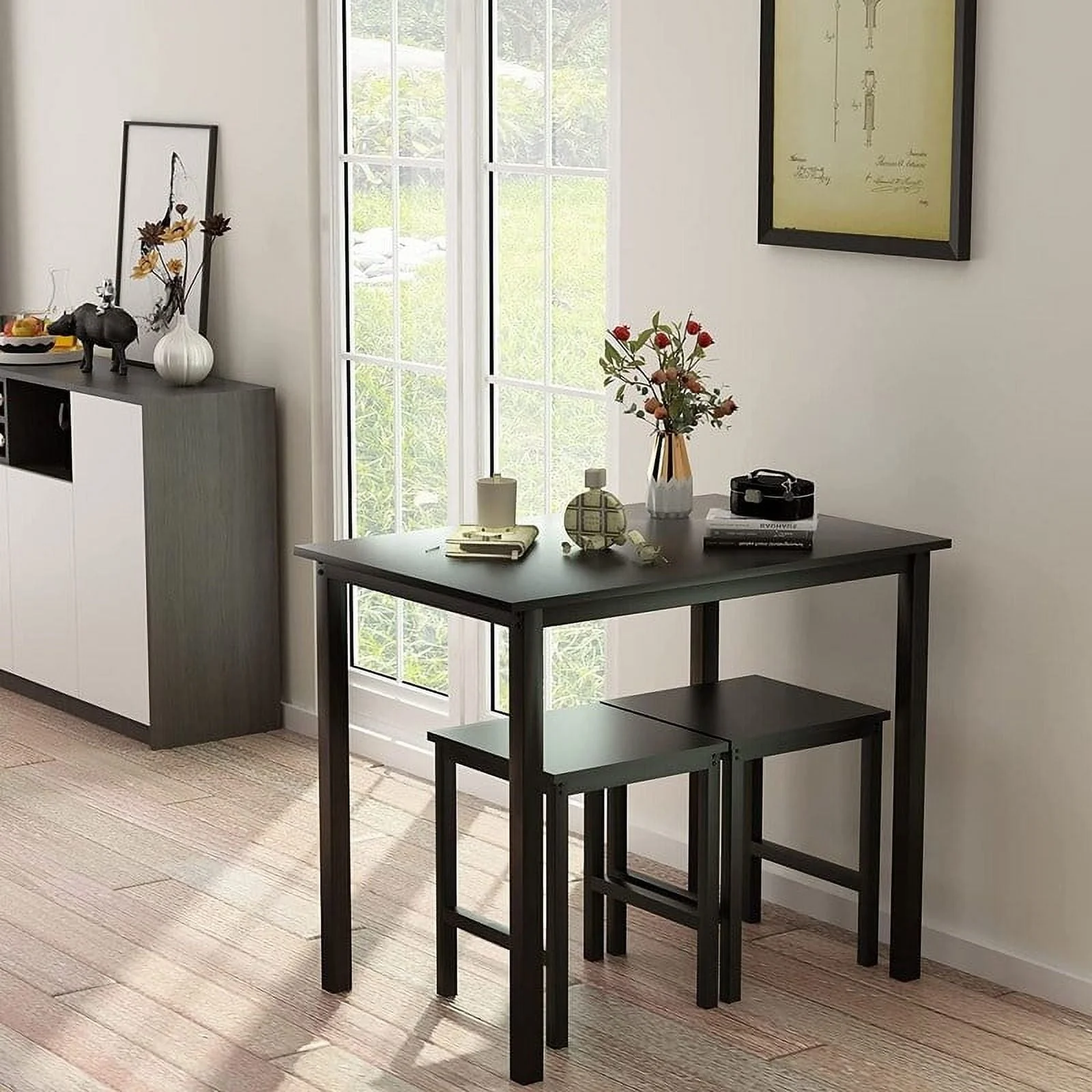 Mieres 2 - Person Dining Set KitchenTable Set  Space Saver with Rectangular Table and 2 Square Chairs Black