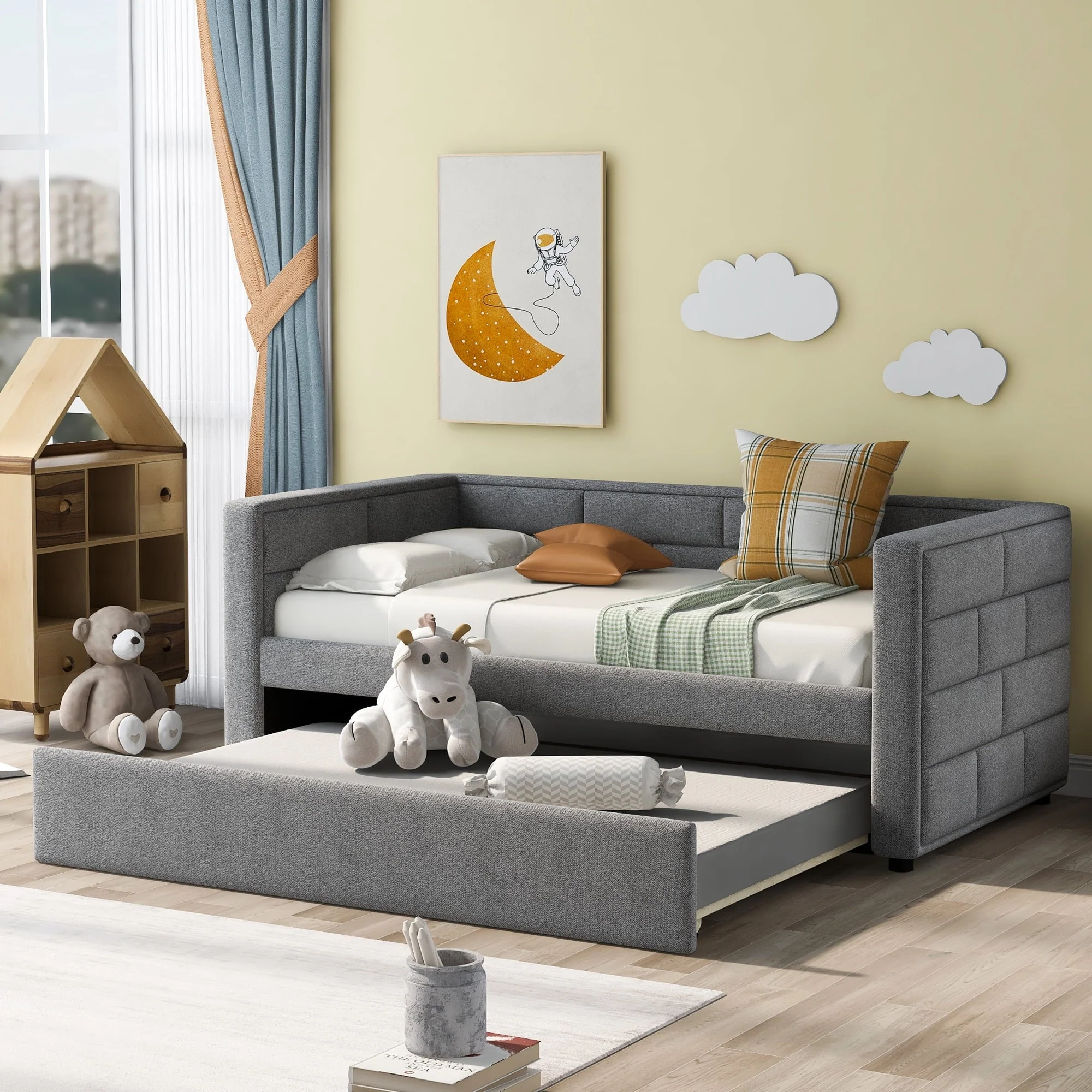 Euroco Twin Size Daybed with Trundle, Upholstered with Padded Back, Gray