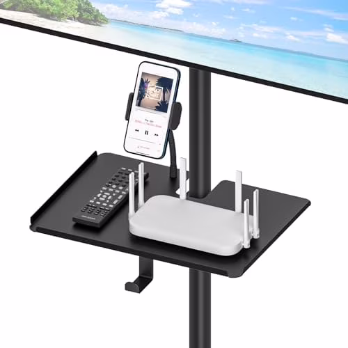 Universal Metal Clamp-on Shelf Pole Stand for TV Cart Stands, Speaker Stands, Microphone Stand Tray Shelf Up to 1.58" - 11.7" x 7.8" TV Stand Pole Tray for More Utility Storage Platform