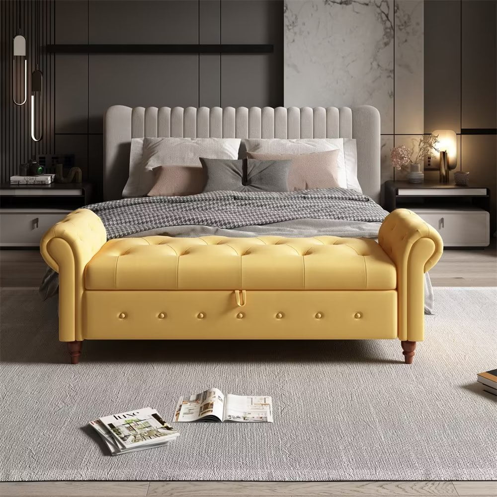 Storage Bench for Bedroom, 63inch End of Bed Bench with Arms, Modern Button Tufted Upholstered Ottoman Footrest for Entryway Living Room, Yellow