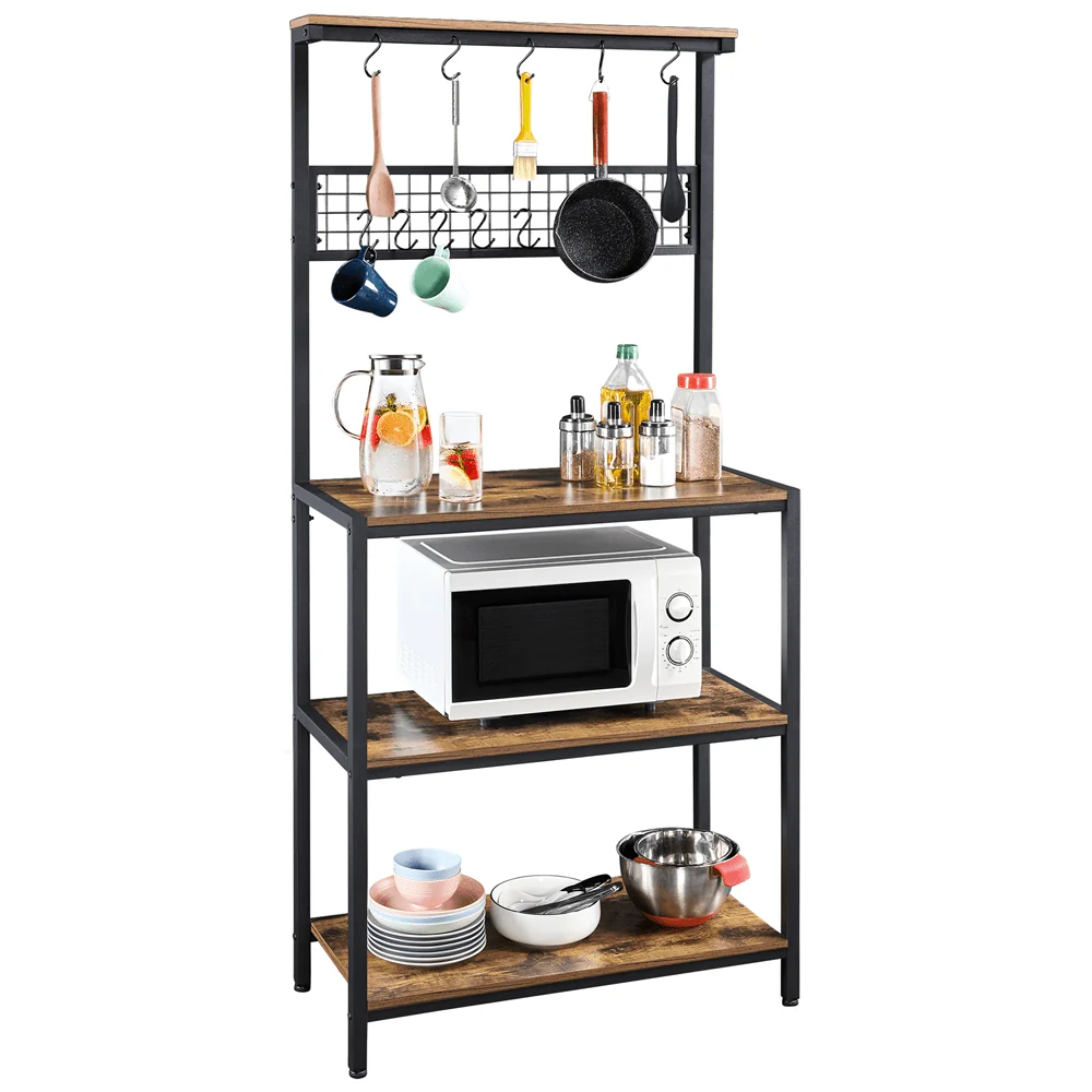 Alden Design 67" Wooden Kitchen Bakers Rack with Storage Shelves & 10 Hooks, Rustic Brown