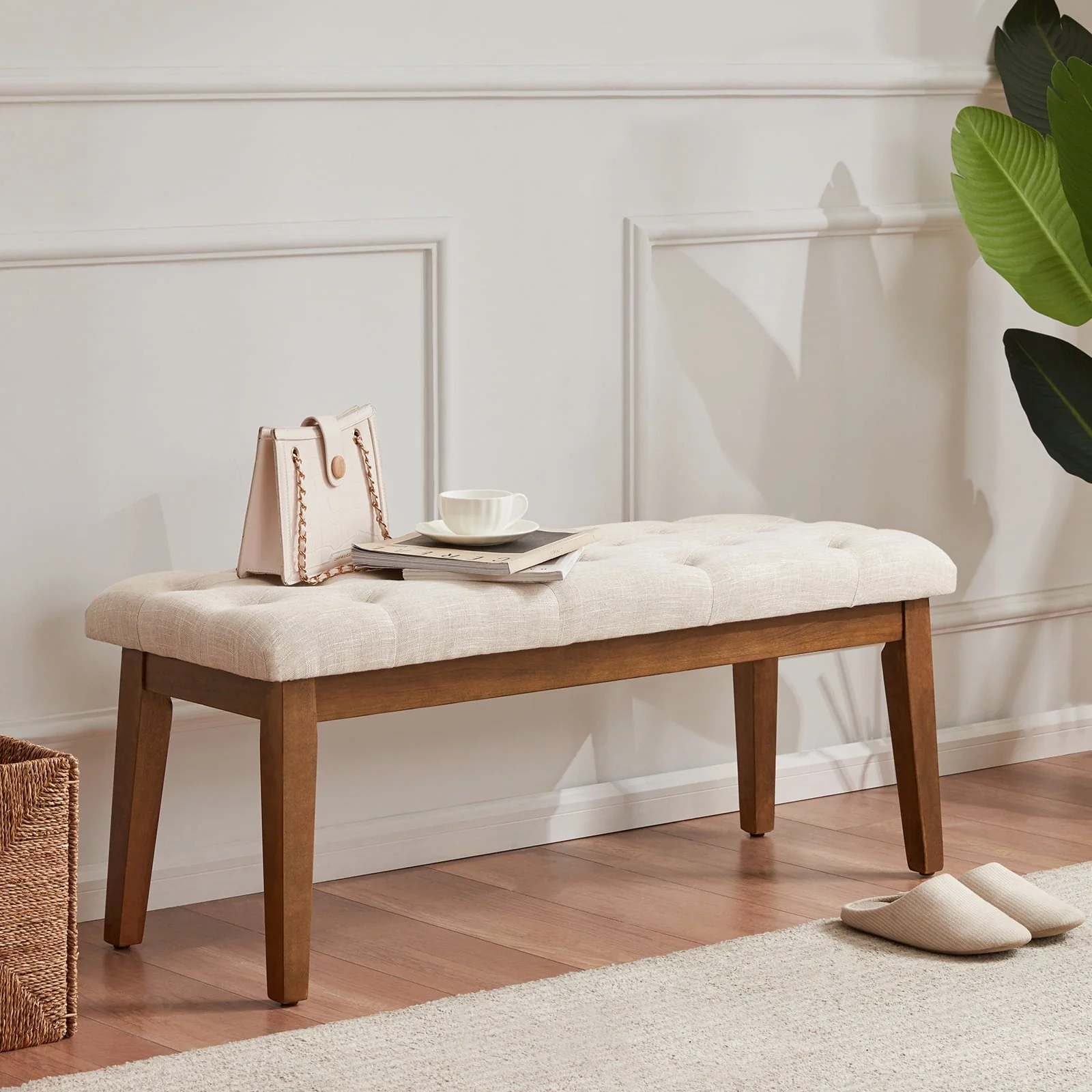 HUIMO Button-Tufted Bench for End of Bed, Entryway Bench with Upholstered Linen Fabric, Ottoman Bench for Living Room,Dining Bench for Kitchen(Beige)