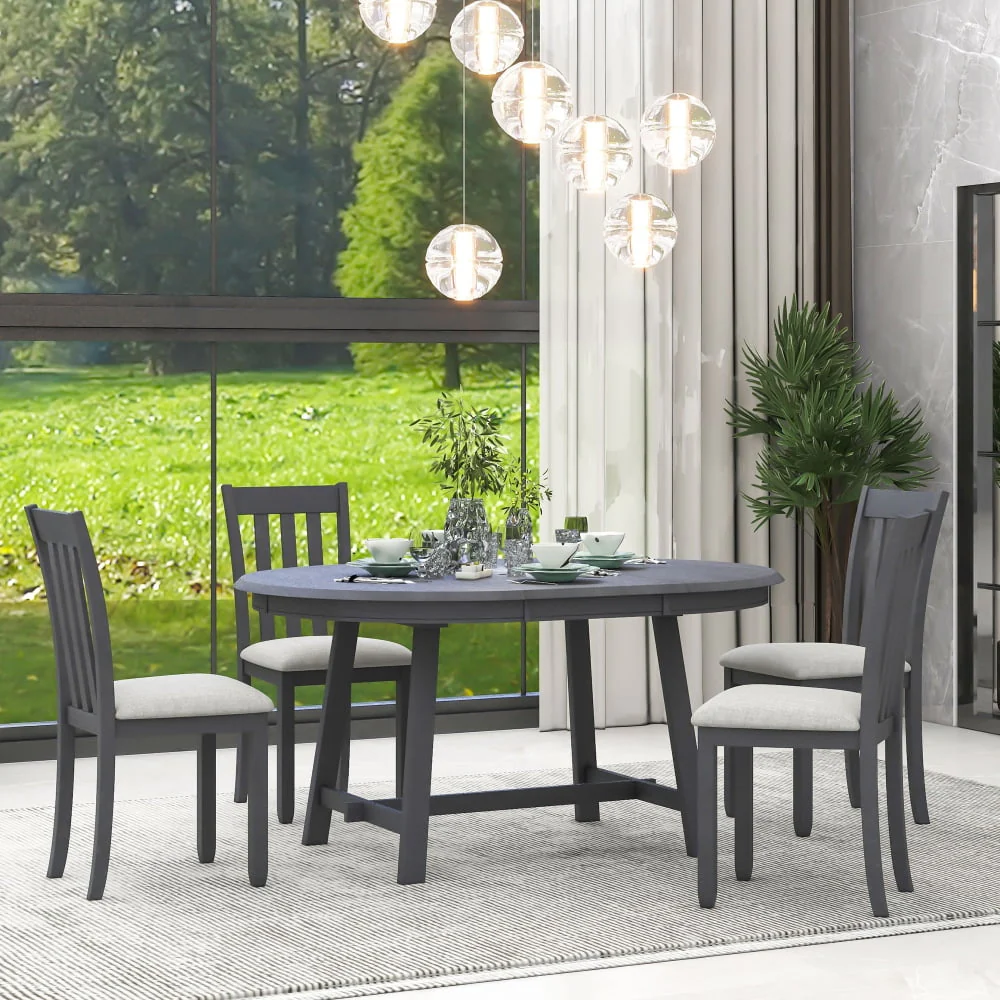 5-Piece Dining Table Set, Round Extendable Dining Table with 4 Upholstered Dining Chairs, Wooden Dining Room Table Set for 4, for  Dining Room Kitchen, Gray