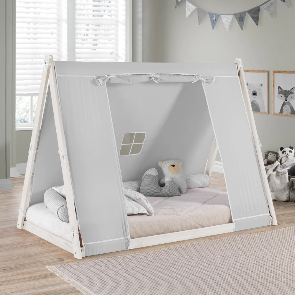 P'kolino Kids Tent Floor Bed - Twin, FSC Certified Wood, Washable Tent, White/Grey