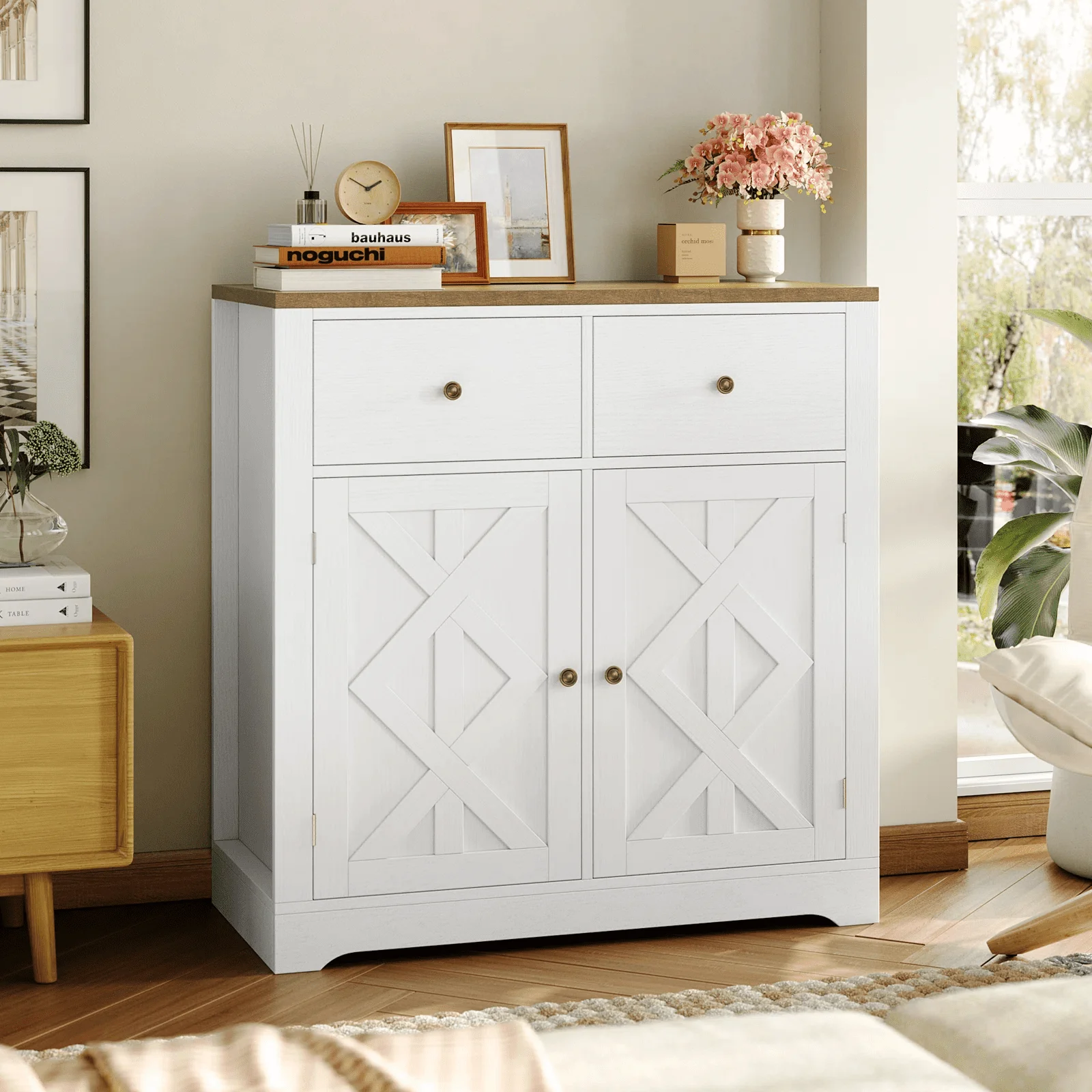 Homfa Accent Cabinet with 2 Drawers & 2 Doors, 31.4'' Wide Farmhouse Storage Cabinet for Living Room, White