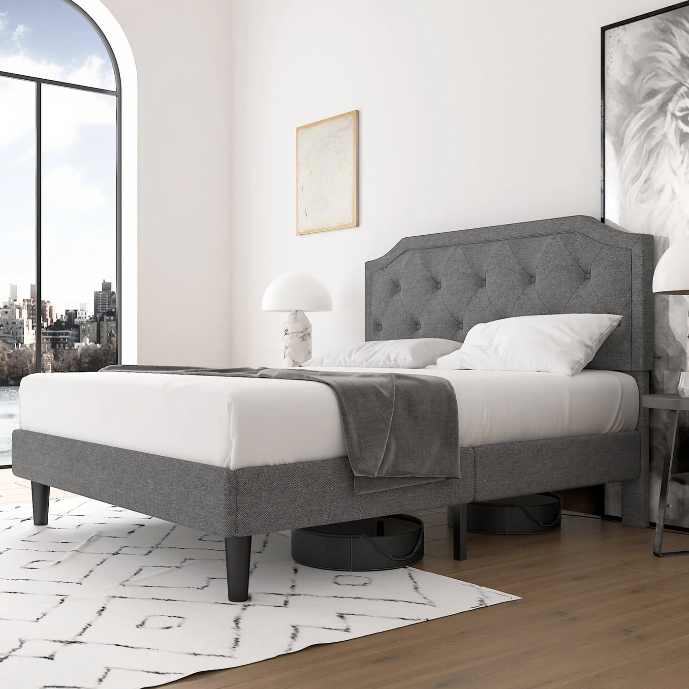 Einfach Queen Size Platform Bed Frame with Upholstered Headboard, Light Grey
