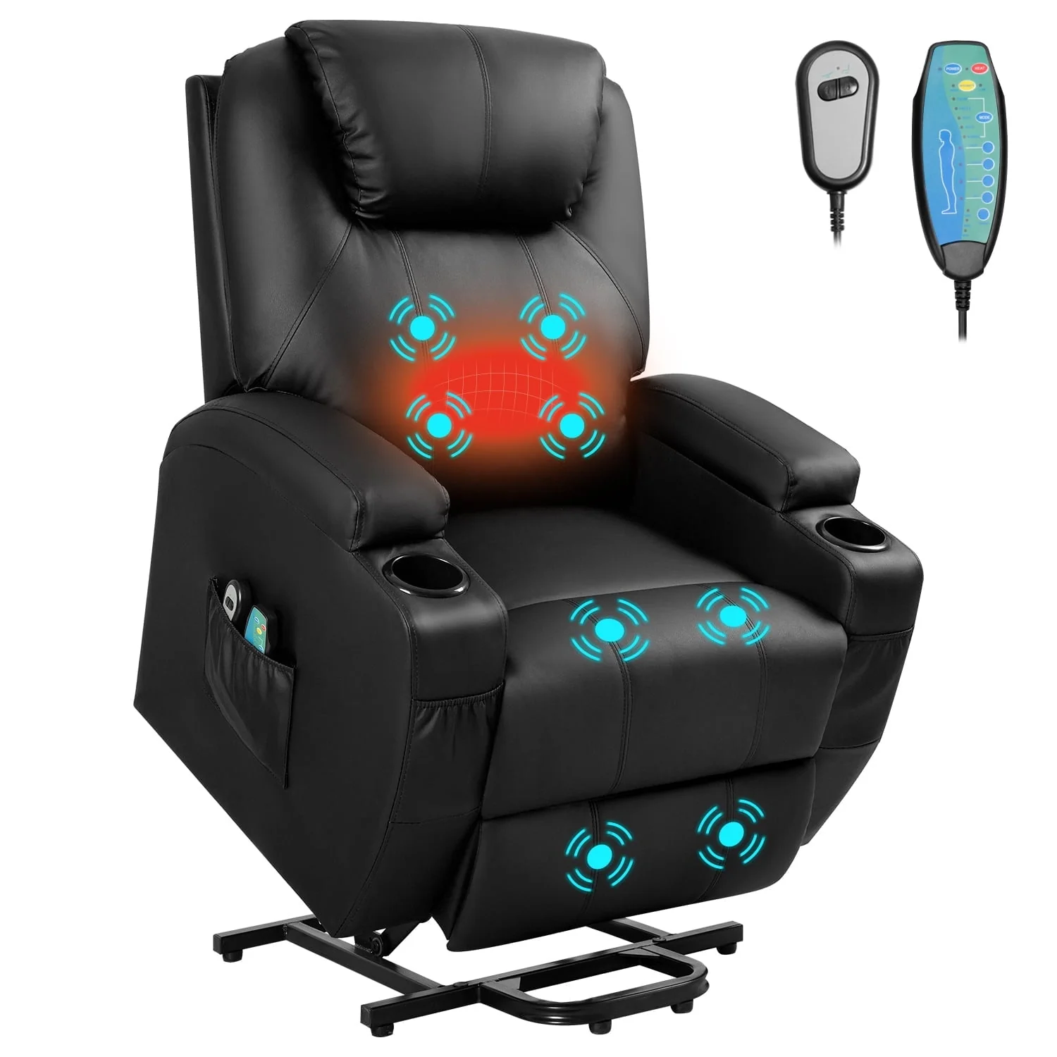 Vineego Standard Size Recliner Faux Leather Power Lift Assist Chair with Massage and Heat, Black