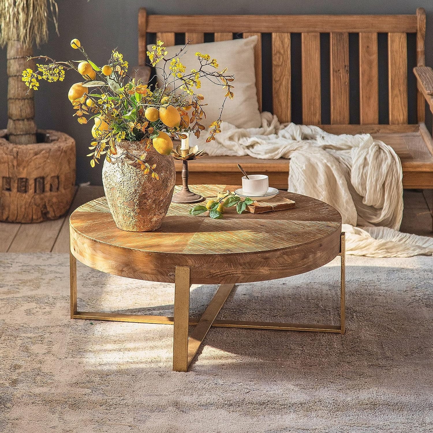 Gexpusm 32" Round Wood Coffee Table for Living Room, Mid Century Modern Farmhouse Round Coffee Table with Gold Metal Legs, Brown