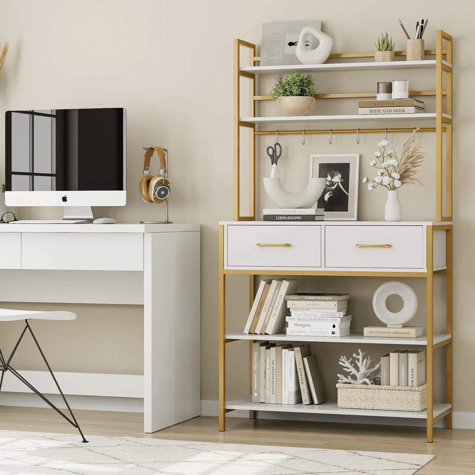 Homfa 2 Drawers Ladder Shelf, 5 Tier Modern Bookcase, Multifunctional Bookshelf Storage Rack, Gold and White