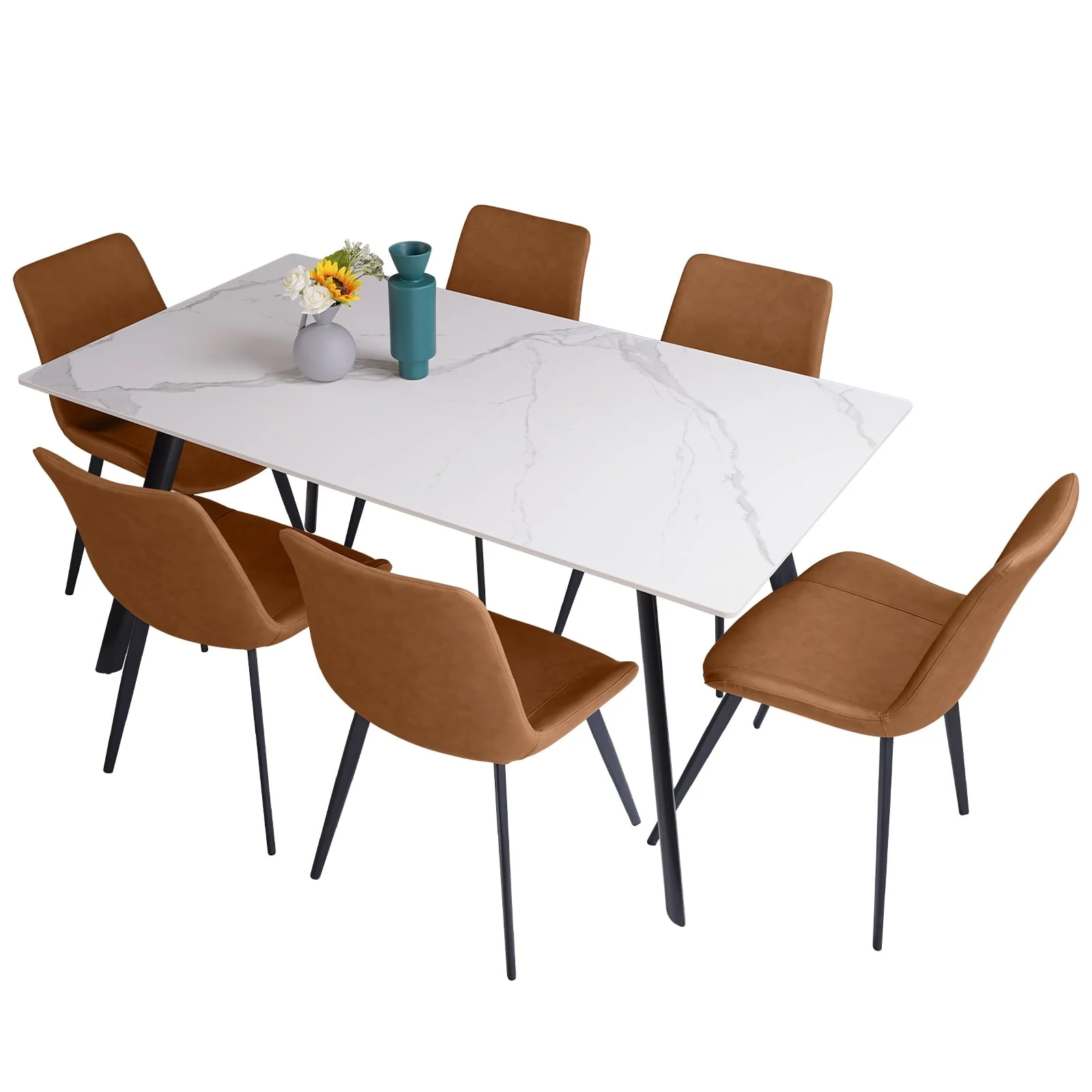 7 Piece Dining Table Sets,Stable Sintered Stone & Leather Modern Dining Chairs Set of 6, Round Corners (1Table with 6 Brown Chairs)