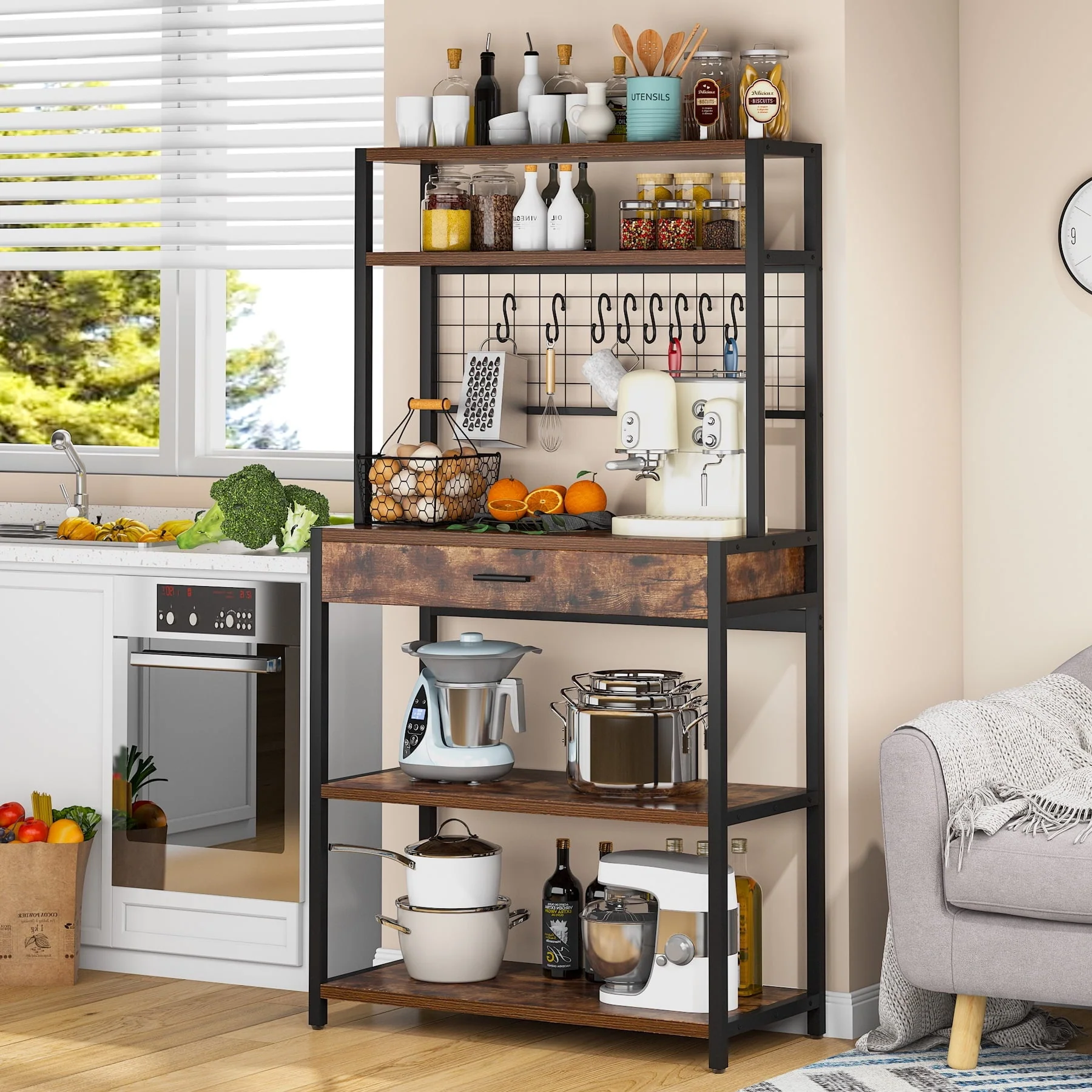 Tribesigns Kitchen Bakers Rack with Hutch, 5-Tier Kitchen Utility Storage Shelf with Hutch and 8 S-Hooks, Vintage Brown
