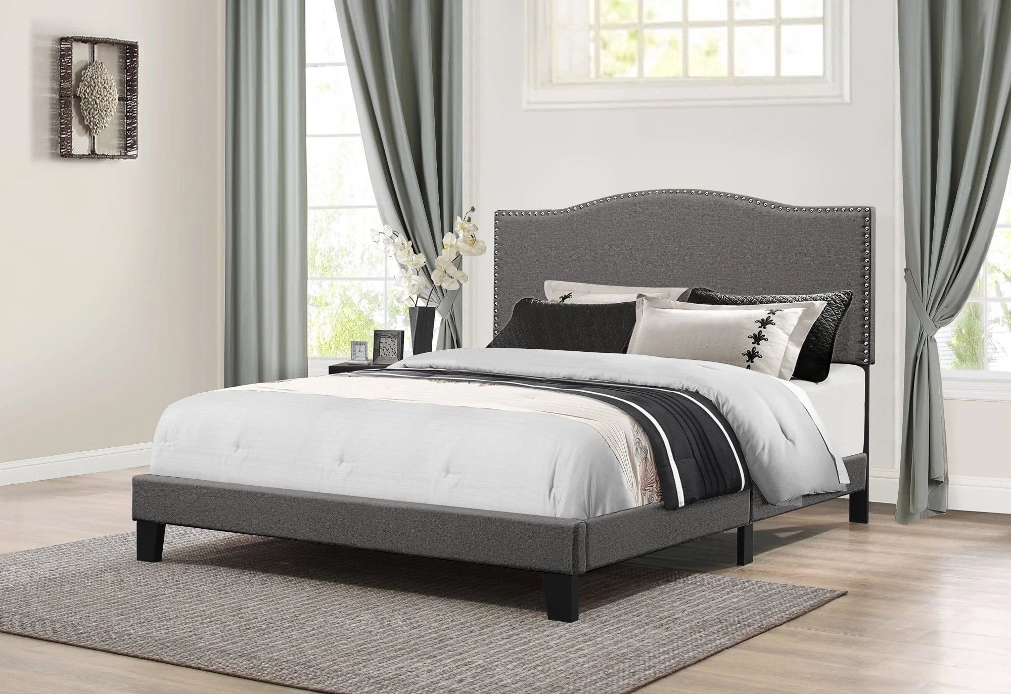 Hillsdale Furniture Kiley Upholstered Arched Queen Bed with Nailhead Trim, Stone