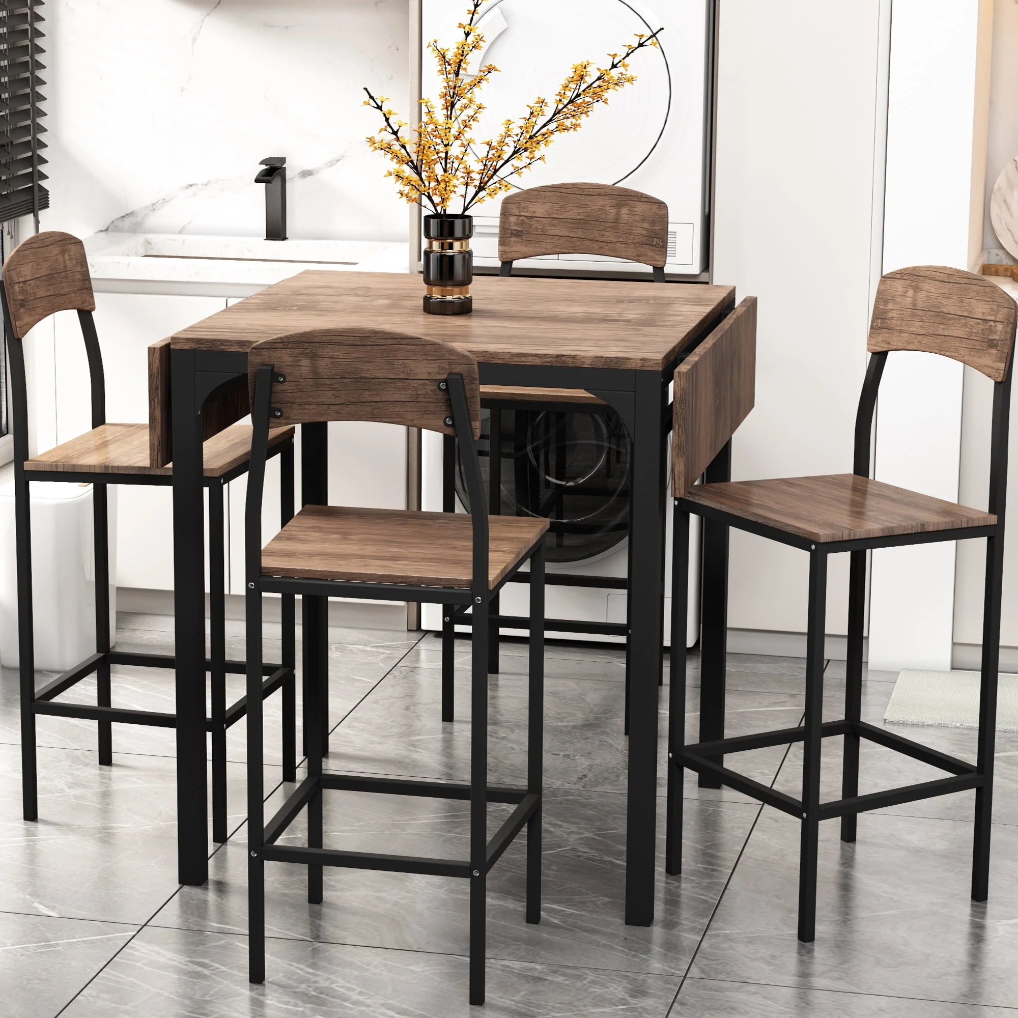 Paproos 5-Piece Counter Height Dining Table and Chairs Set, Brown Finish Drop Leaf Dinner Table and 4 Chairs Set for Kitchen Dining Room Breakfast Nook, Farmhouse Dining Table Set with Black Frame