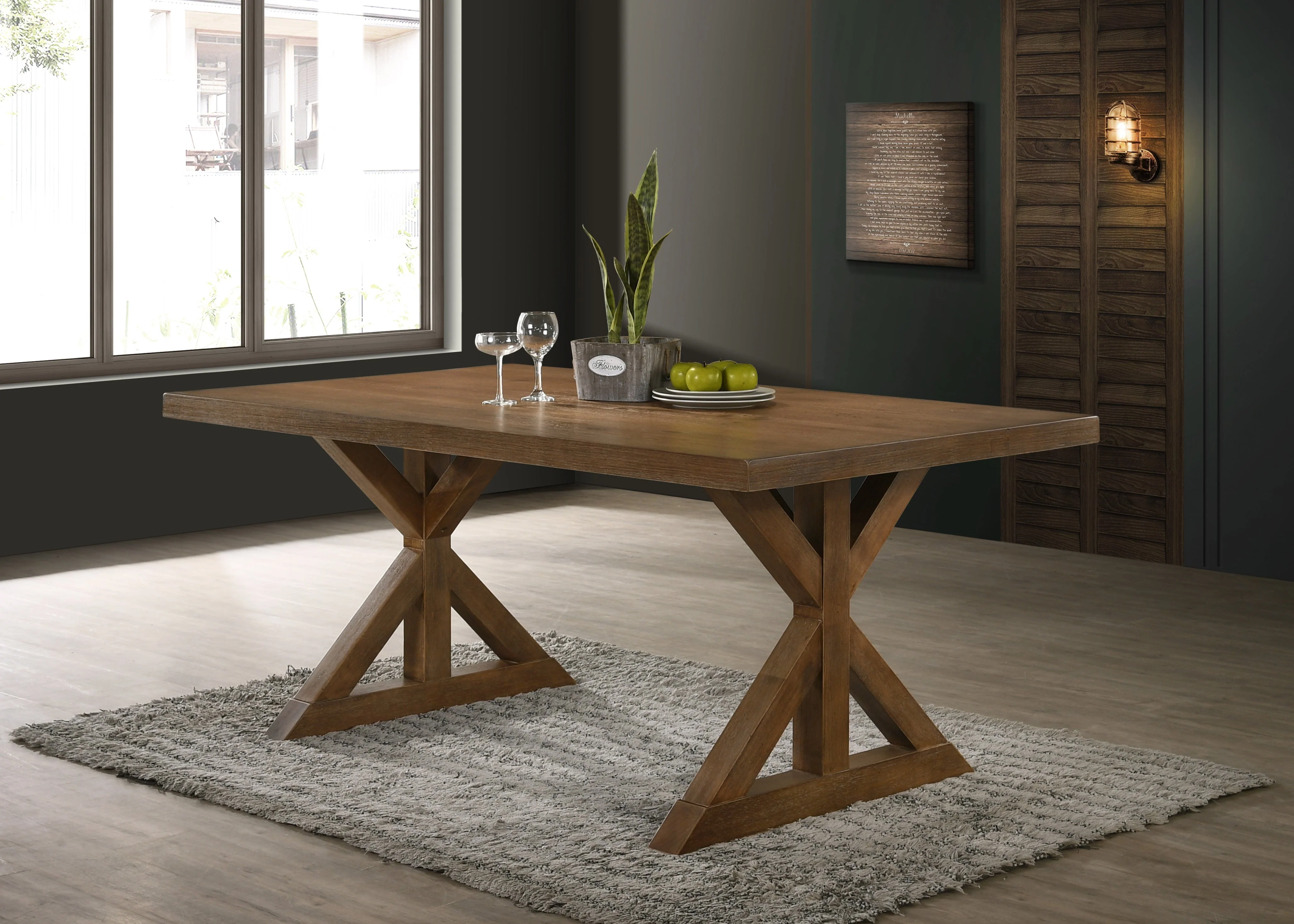 Roundhill Furniture Enna Morden Farmhouse Wood Rectangular Trestle Dining Table, Brushed Driftwood Finish
