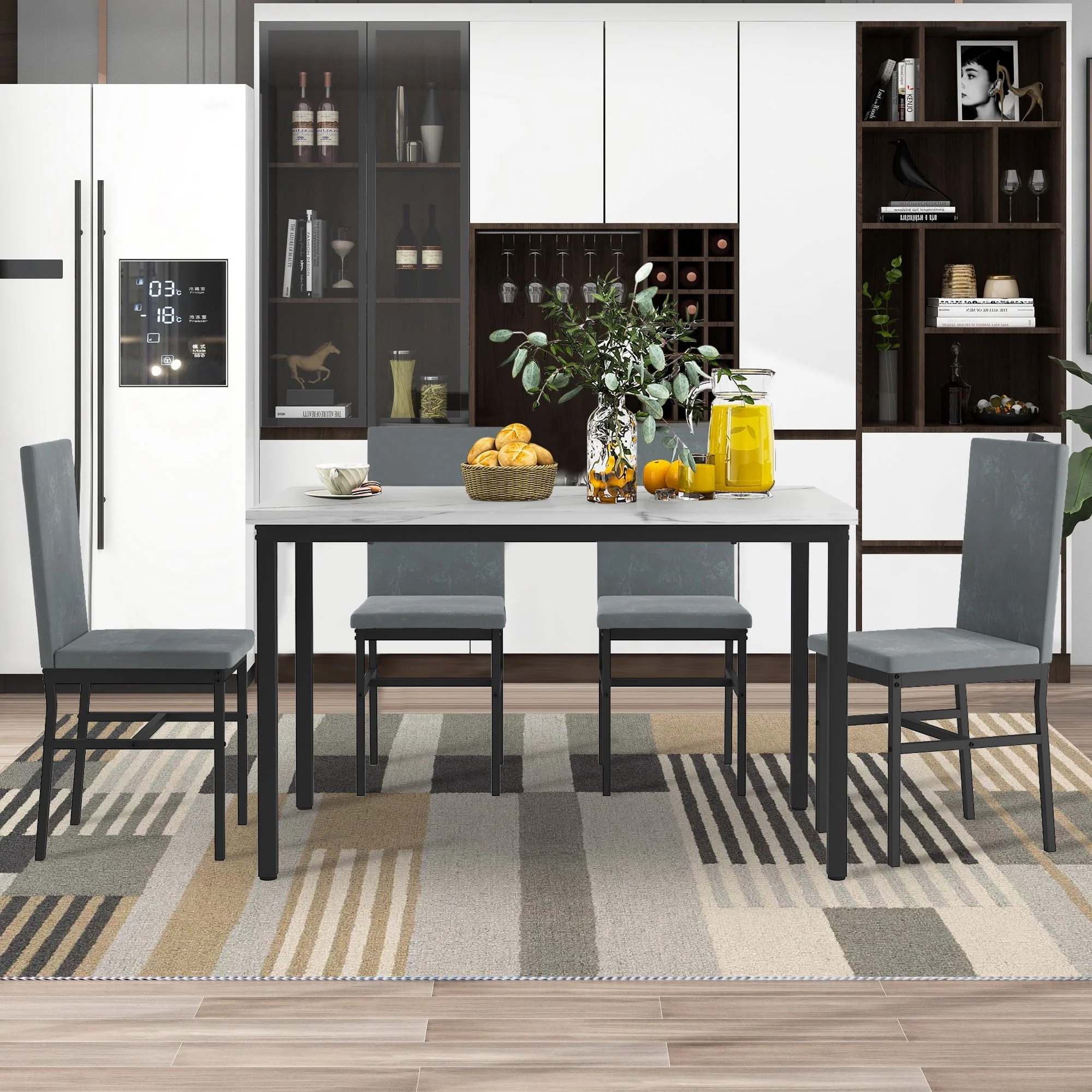 Paproos Dining Table Set for 4, Modern 5-Piece Kitchen Table Set with Marble Top and Velvet Upholstery Chairs, Heavy Duty Dinette Sets for Breakfast Nook, Dining Room Table and Chairs, Gray