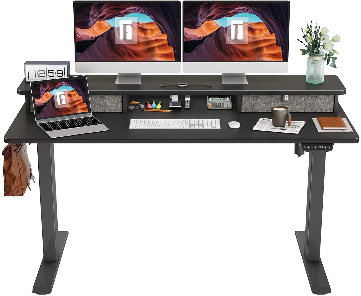 Fezibo Height Adjustable Electric Standing Desk with Drawers and Storage Shelf, Sit Stand Desk with Splice Board, Black Finish, 55"
