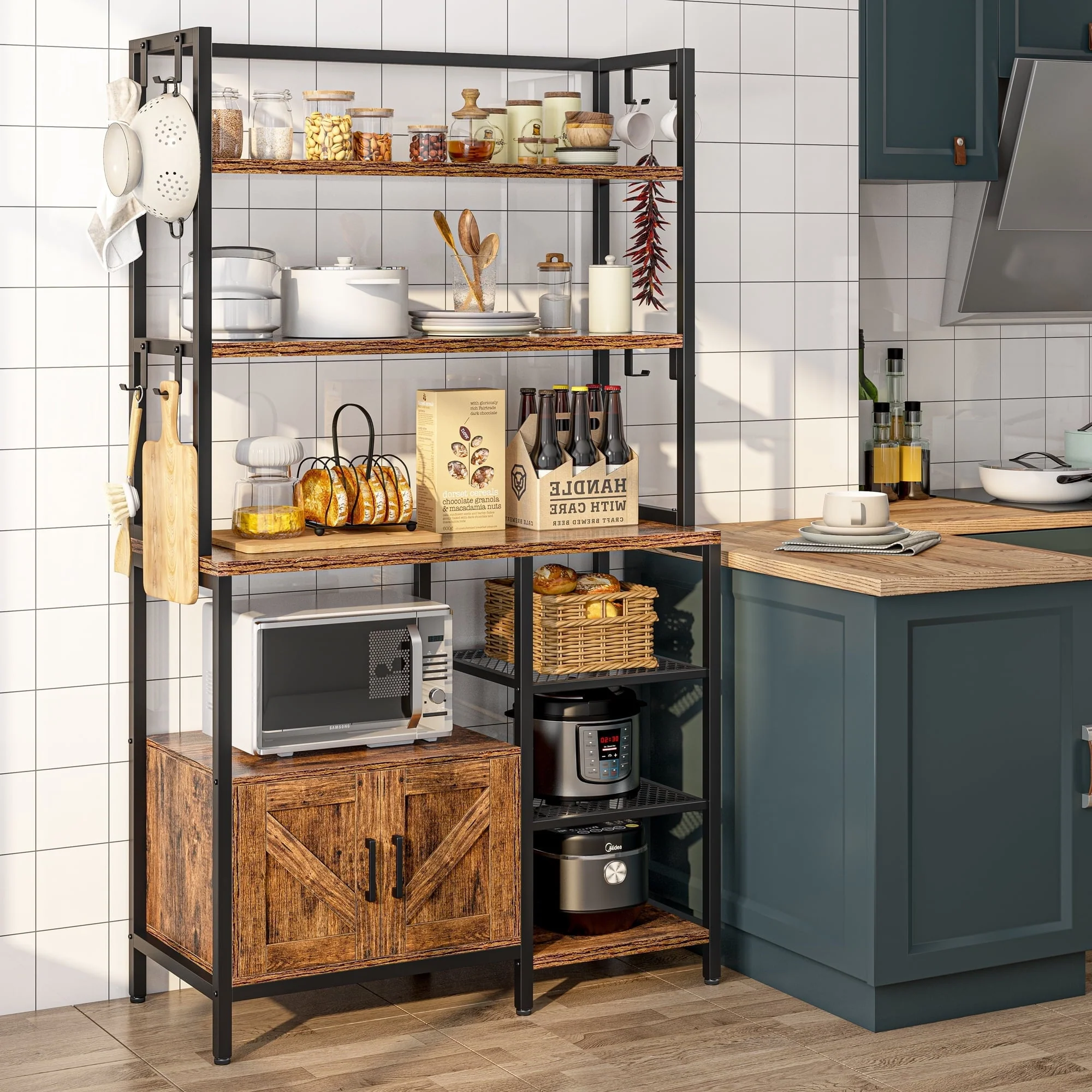EnHomee 6 Tier Kitchen Bakers Rack Microwave Oven Stand with Storage Coffee Bar with Shelves Cabinet Hooks, 29.5" W * 13.9" D * 63" H Rustic Brown
