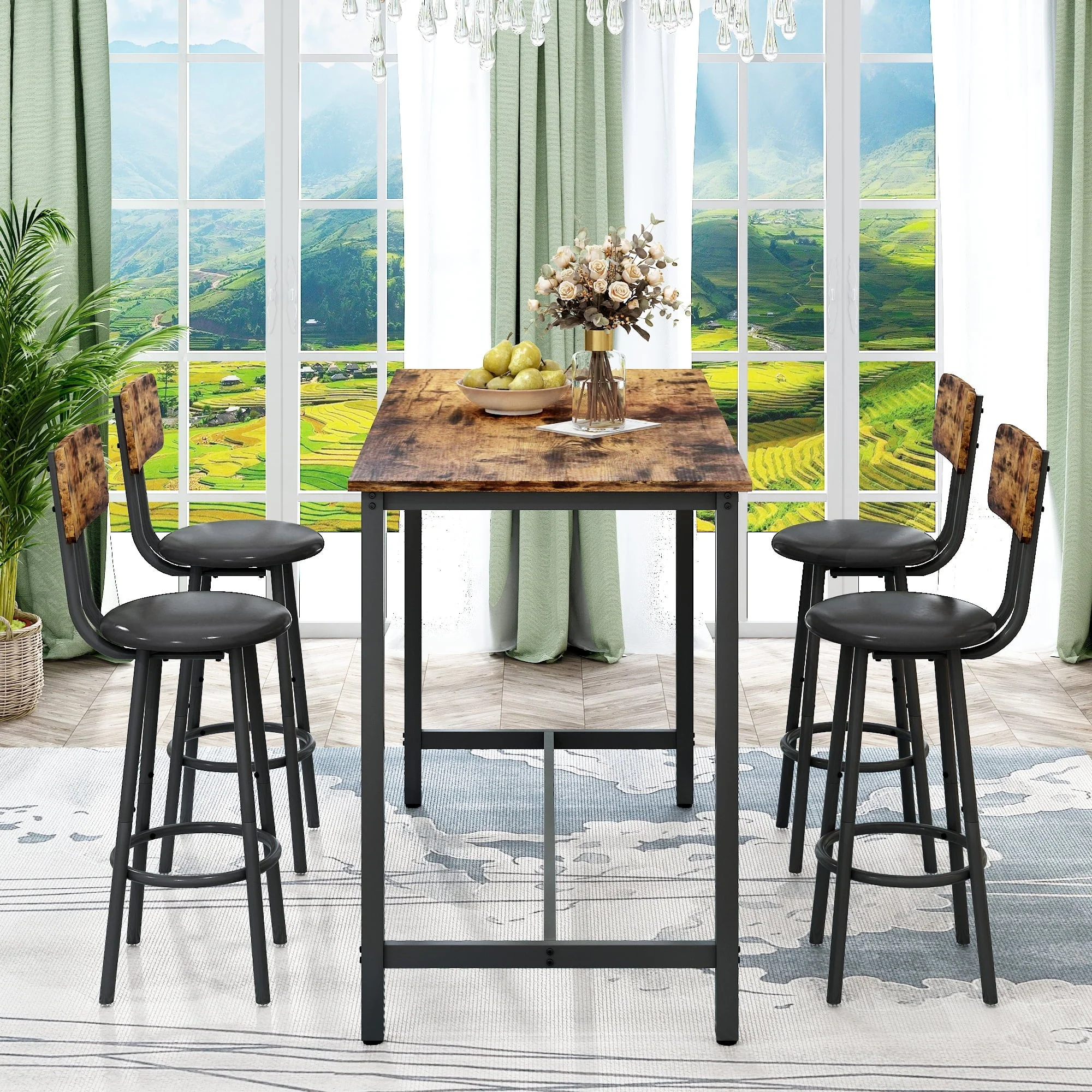 SYNGAR 5 Piece Bar Table Set, Modern Counter Height Dining Set, Home Dining Table and Chairs Set for 4, Kitchen Breakfast Table Set with 4 Cushioned Stools, Bistro Pub Table Set, Rustic Brown