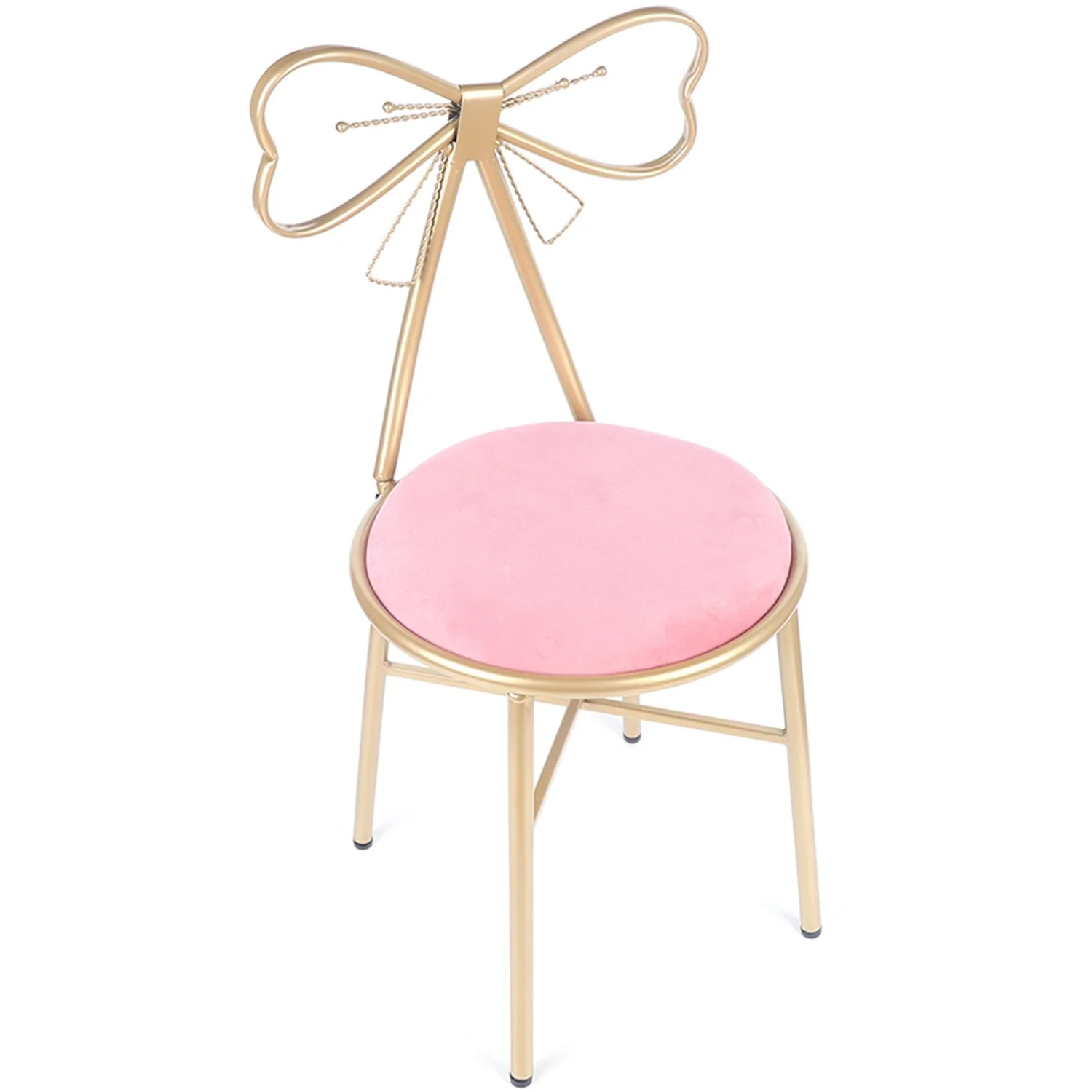 Vanity Chair, Pink Bow Backrest Velvet Makeup Chair Stool Lounge Dresser Seat for Bedroom Dressing Room Pink Gold