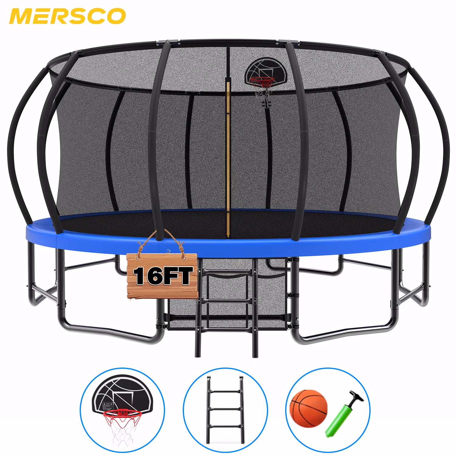 Mersco Safety 16ft Trampoline for 10 Kids Adults Outdoor 1320Lbs Trampoline with Basketball Hoop Enclosure Net Storage Bag Blue