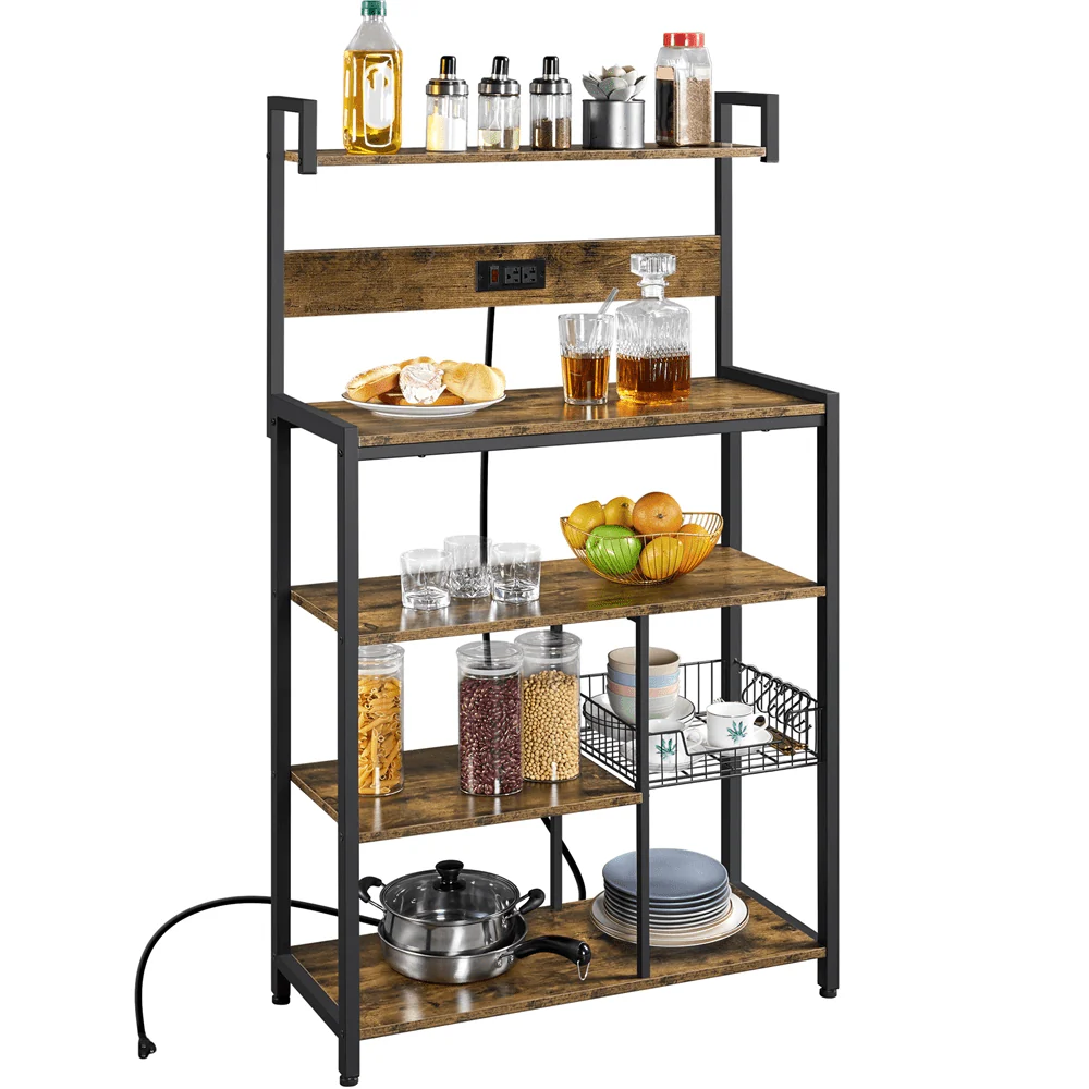 SmileMart 56″H 5-Tier Baker’s Rack with Wire Basket & Power Outlets With 6 S-shaped Hooks & Wire Basket, Rustic Brown