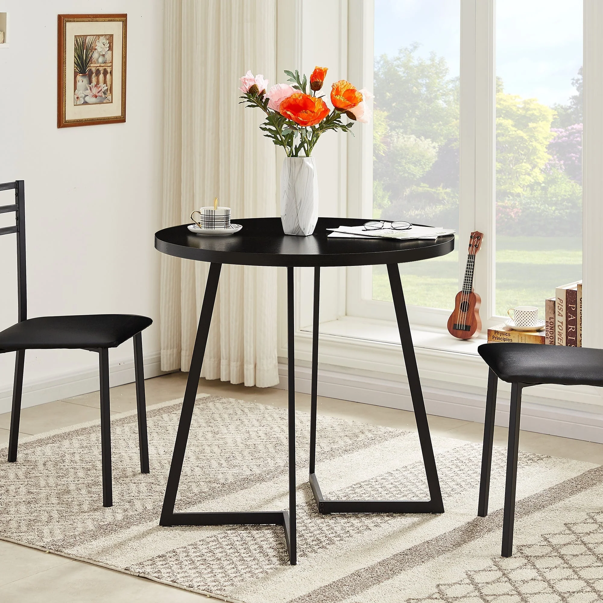 VECELO 31.5" Round Dining Table with Metal Legs for Kitchen Living Room Coffee Table Bristro Table, Black