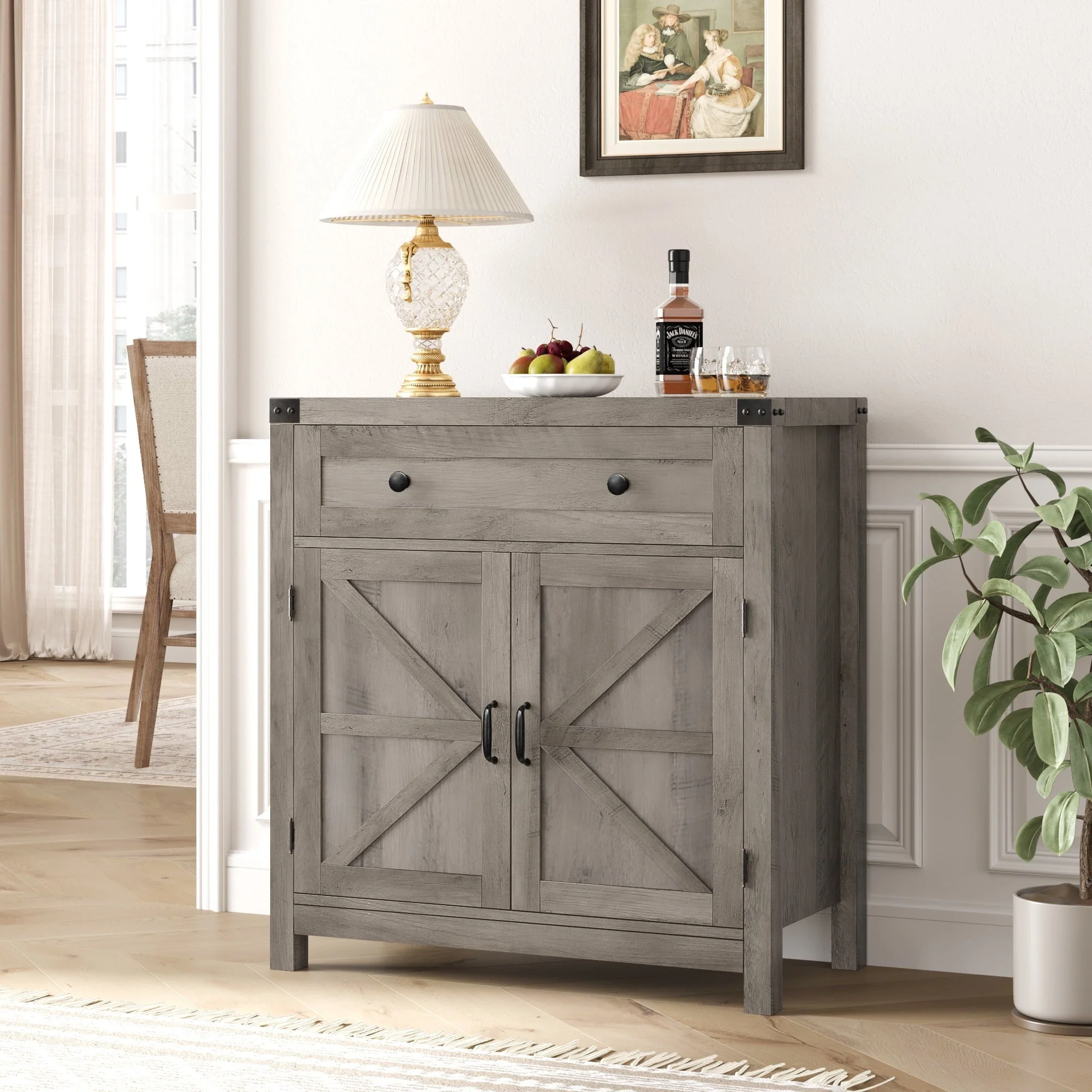 Homfa Kitchen Buffet Sideboard with Drawer, Compact Coffee Bar with Adjustable Shelf for Dining Room, Wash Gray
