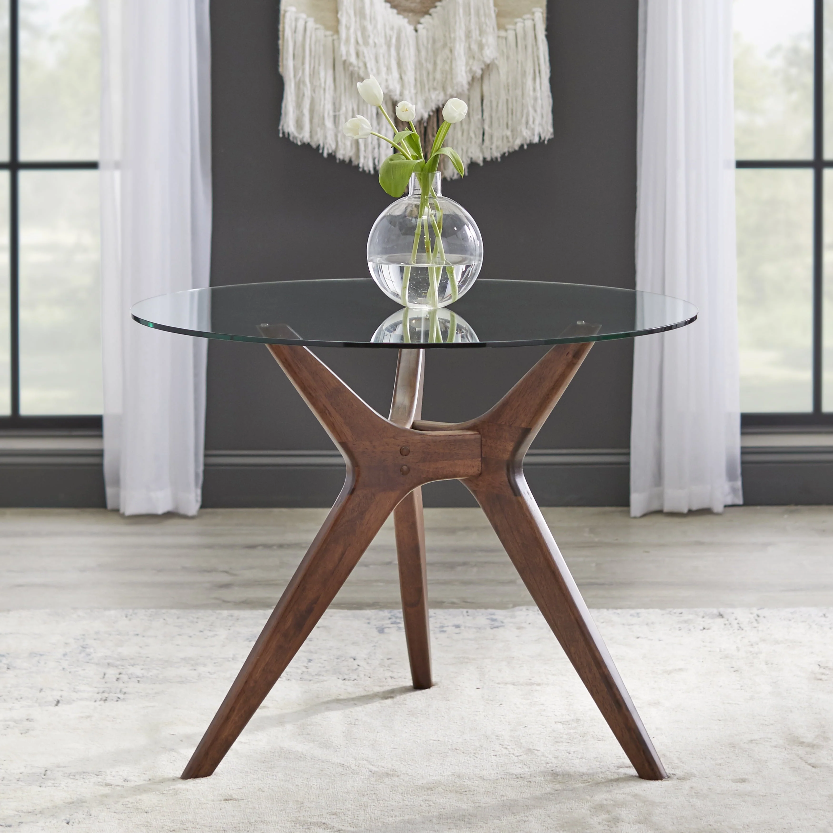 TMS Trita Round Dining Table, Walnut and Tempered Glass Top