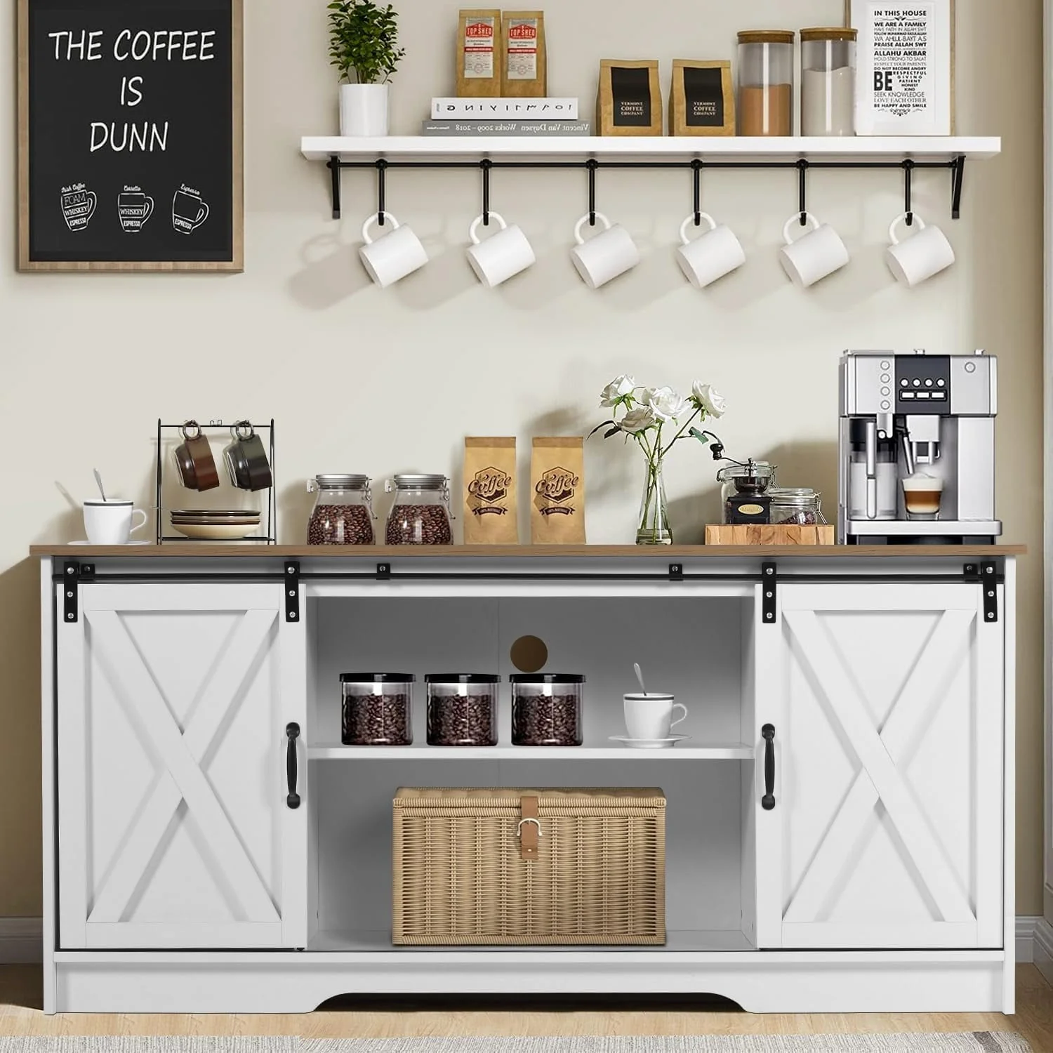 Catrimown Farmhouse Coffee Bar Cabinet with Storage, 58" Sideboard Buffet Cabinet with Storage, Sideboard Cabinet for Living Room, White