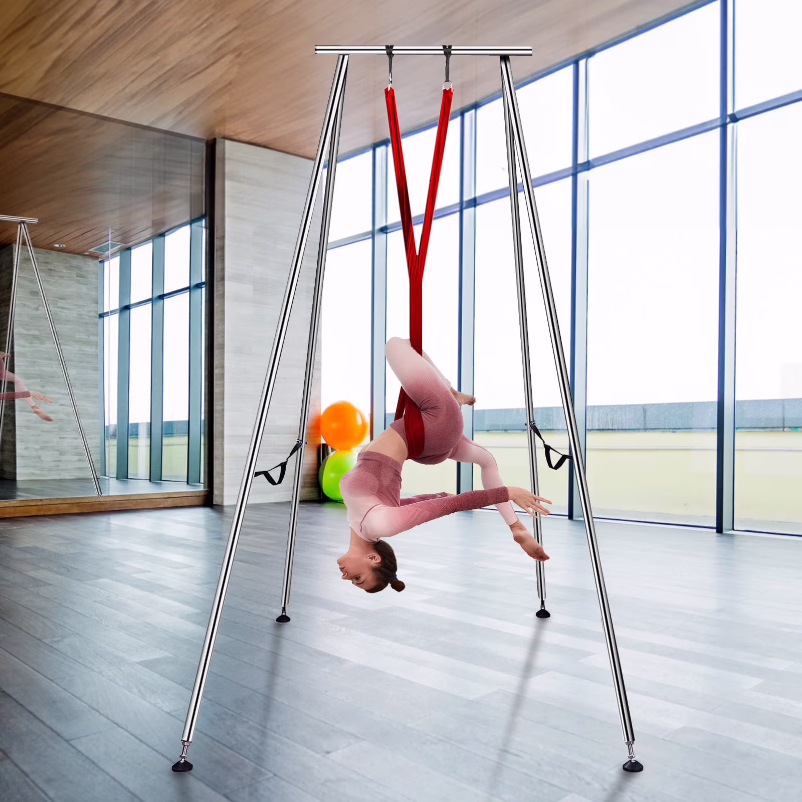 KFFKFF 551.15 lbs Yoga Swing Stand Hammock Aerial Silk Kit Load Yoga Frame Red