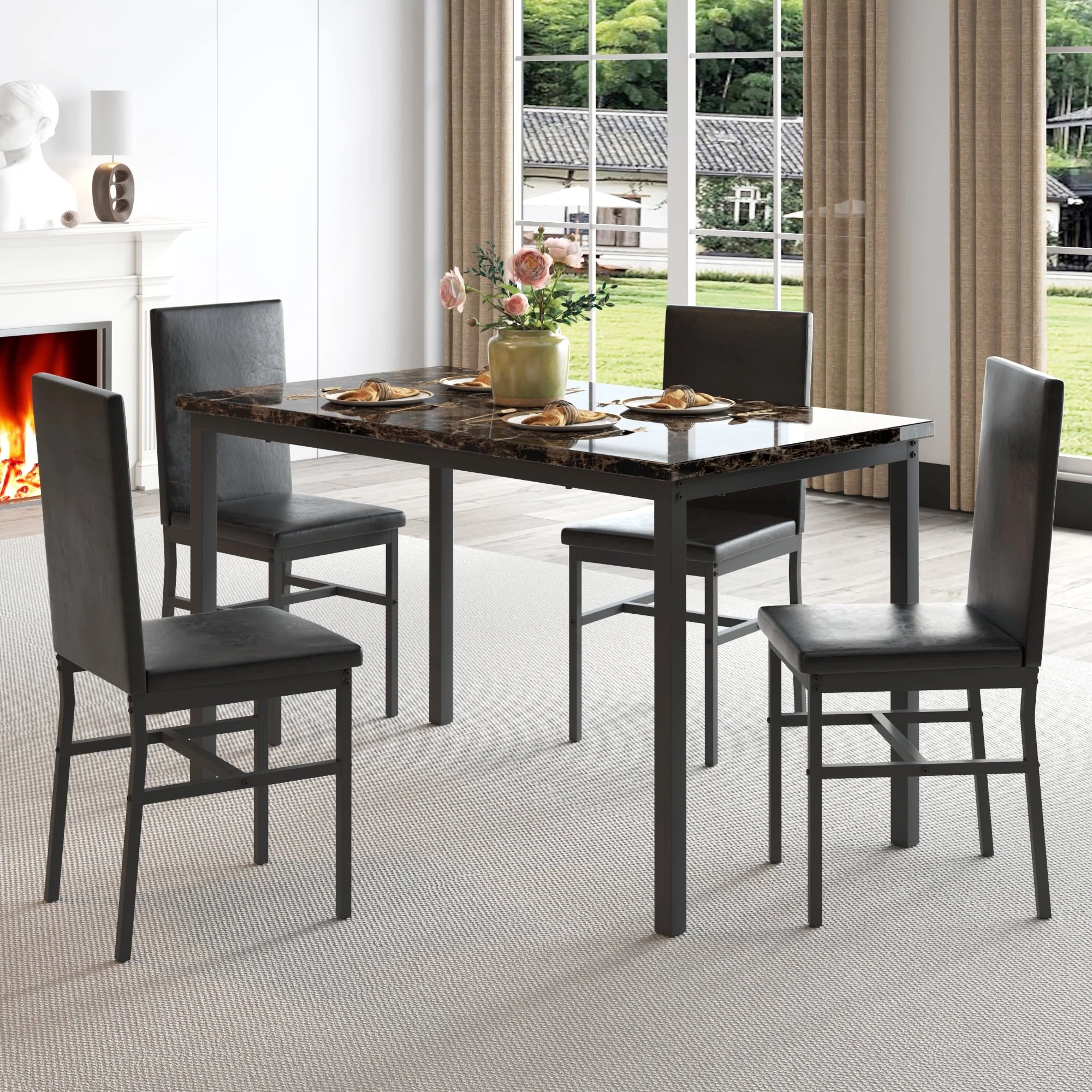 uhomepro 5-Piece Dining Room Table Set for 4 Person, Elegant Dining Table Set, Home Kitchen Table with 4 PU Leather Chairs and Metal Dining Room Modern Furniture