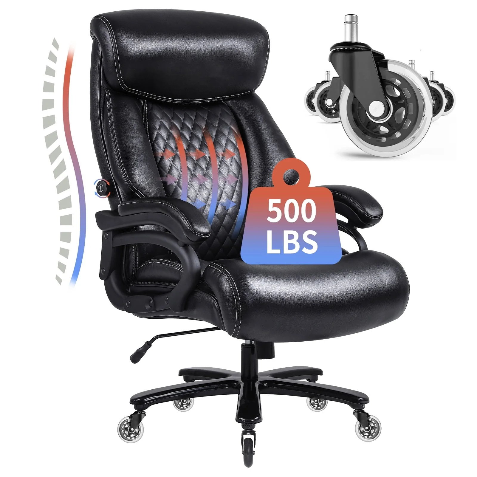JONPONY Big and Tall Office Chair 500lbs for Heavy People with Quiet Rubber Wheels High Back Leather Executive Office Chair with Double Adjustment Lumbar Support,Black