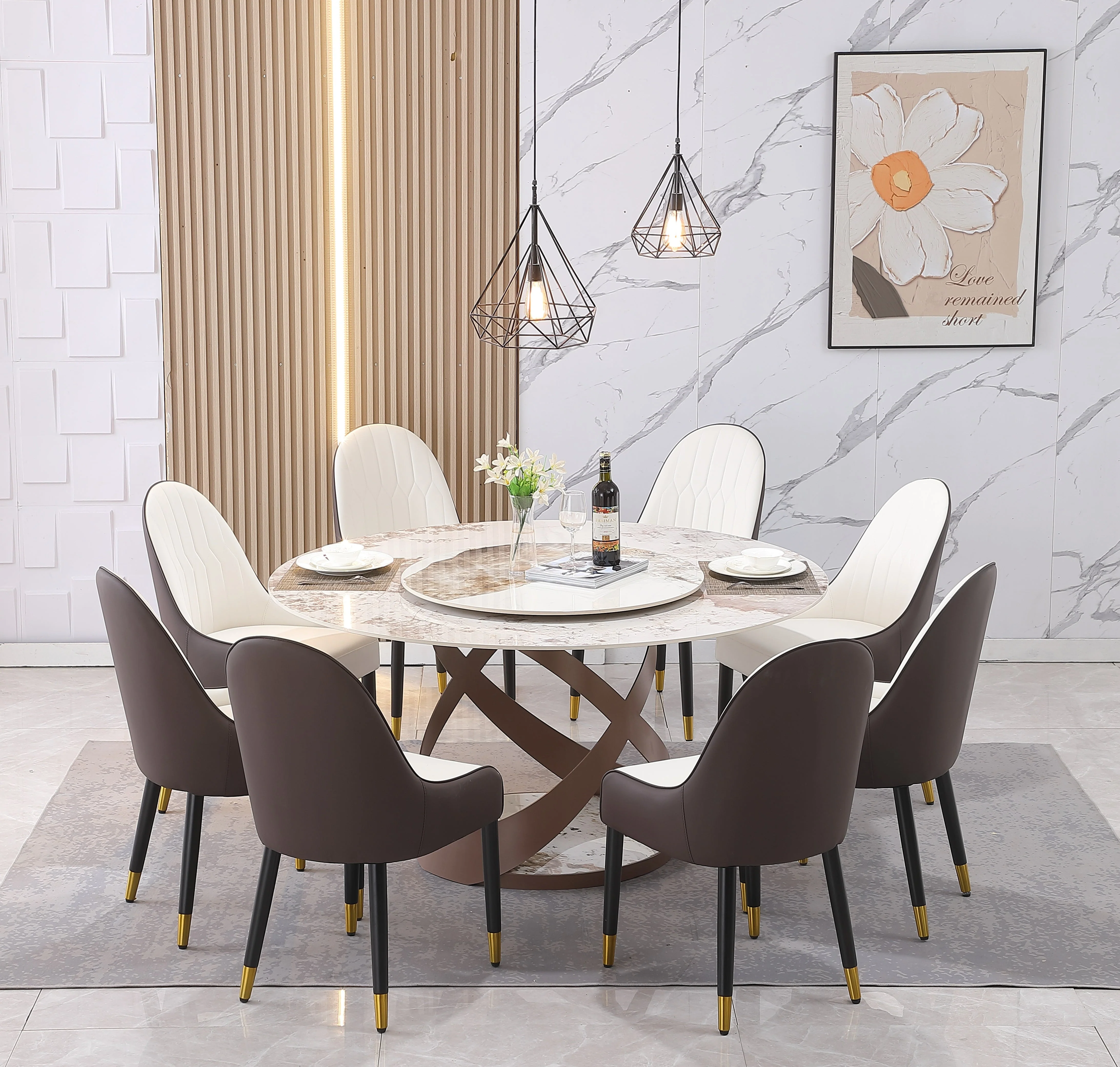 Montary 59.05"Modern Sintered Stone Dining Table with 31.5" Round Turntable and Metal Exquisite Pedestal With 8 pcs Chairs