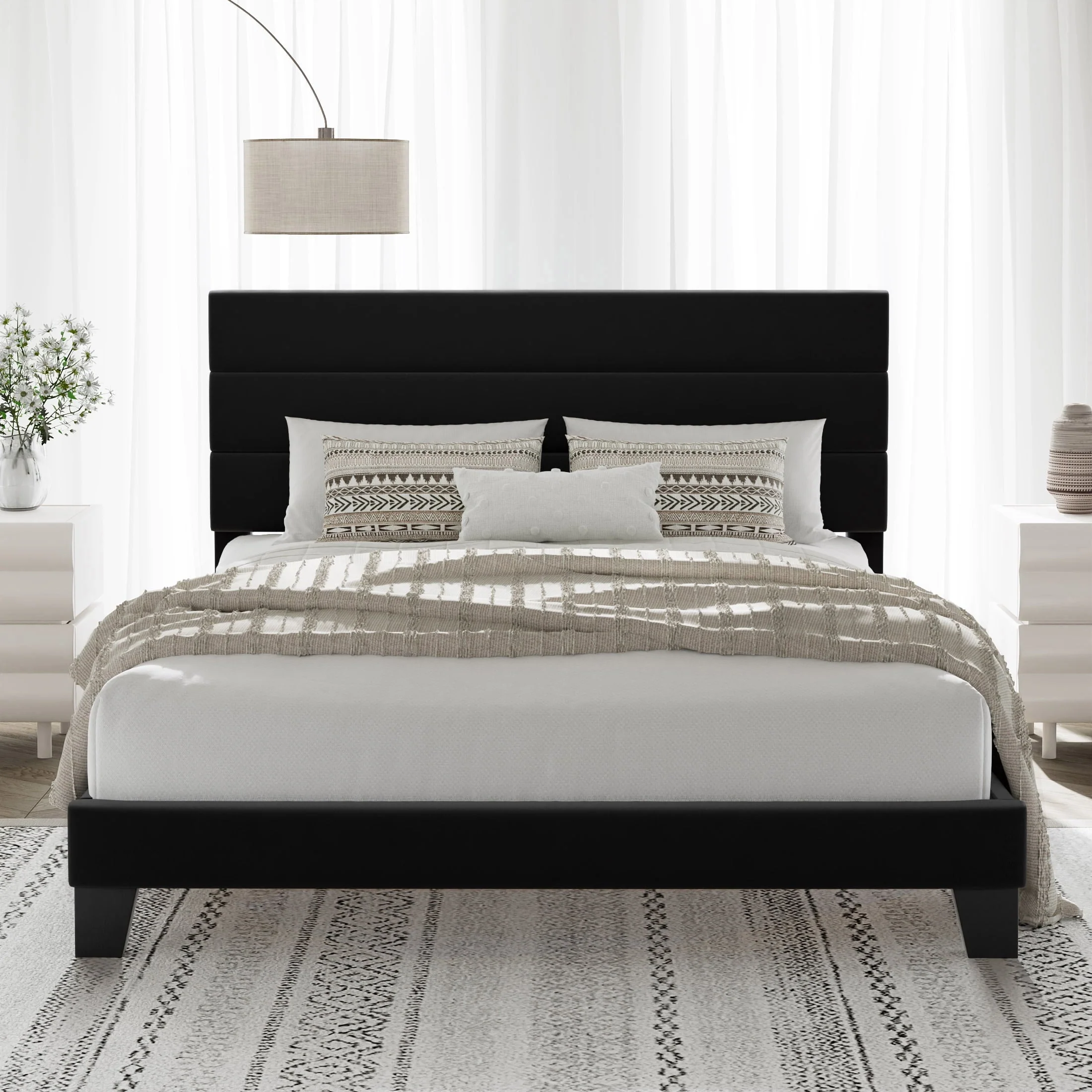 Allewie Queen Size Platform Bed Frame with Velvet Upholstered Headboard and Wooden Slats Support, No Box Spring Needed, Black
