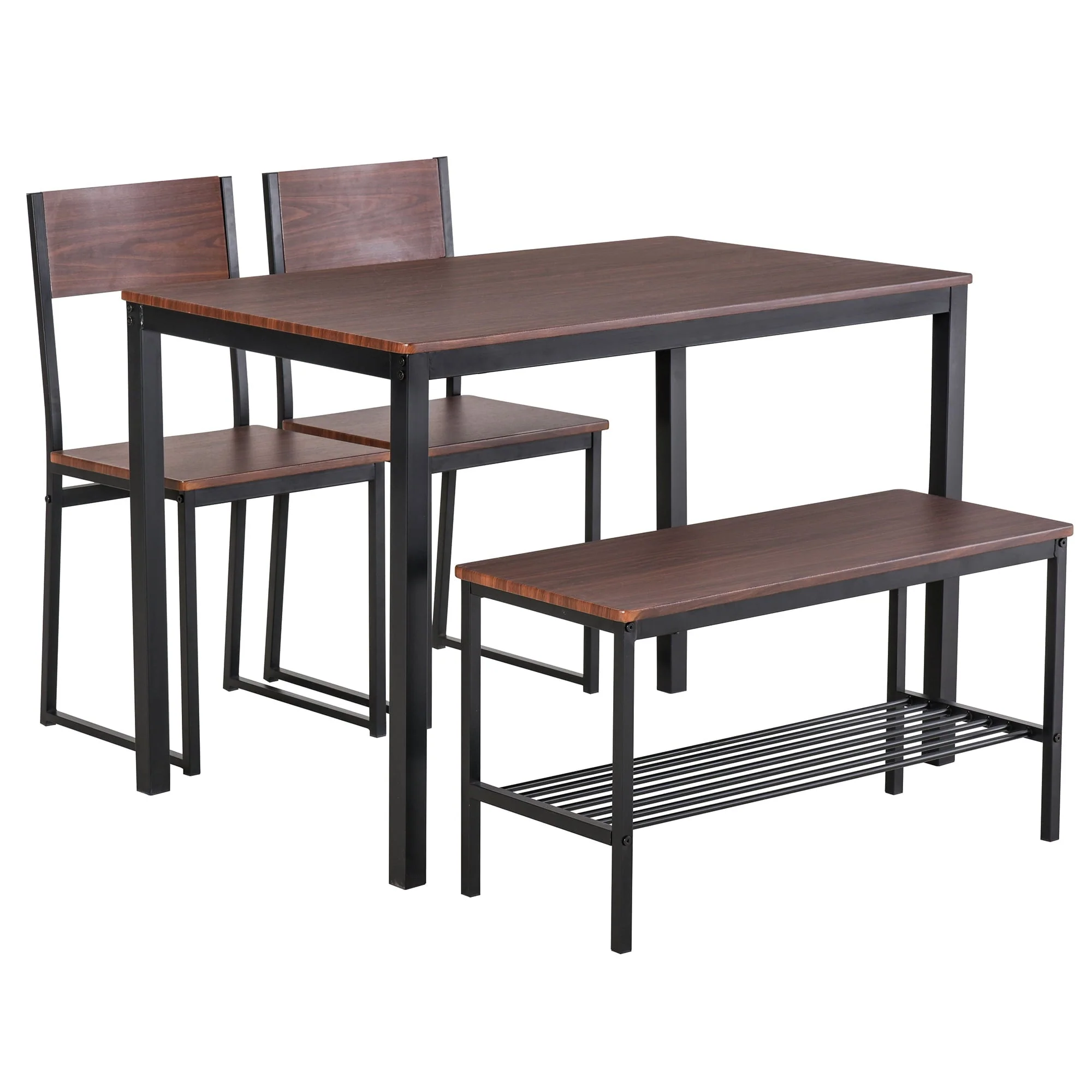 Industrial 4 Piece Dining Room Table Set with Bench Wooden Kitchen Table and Chairs w/Storage Rack