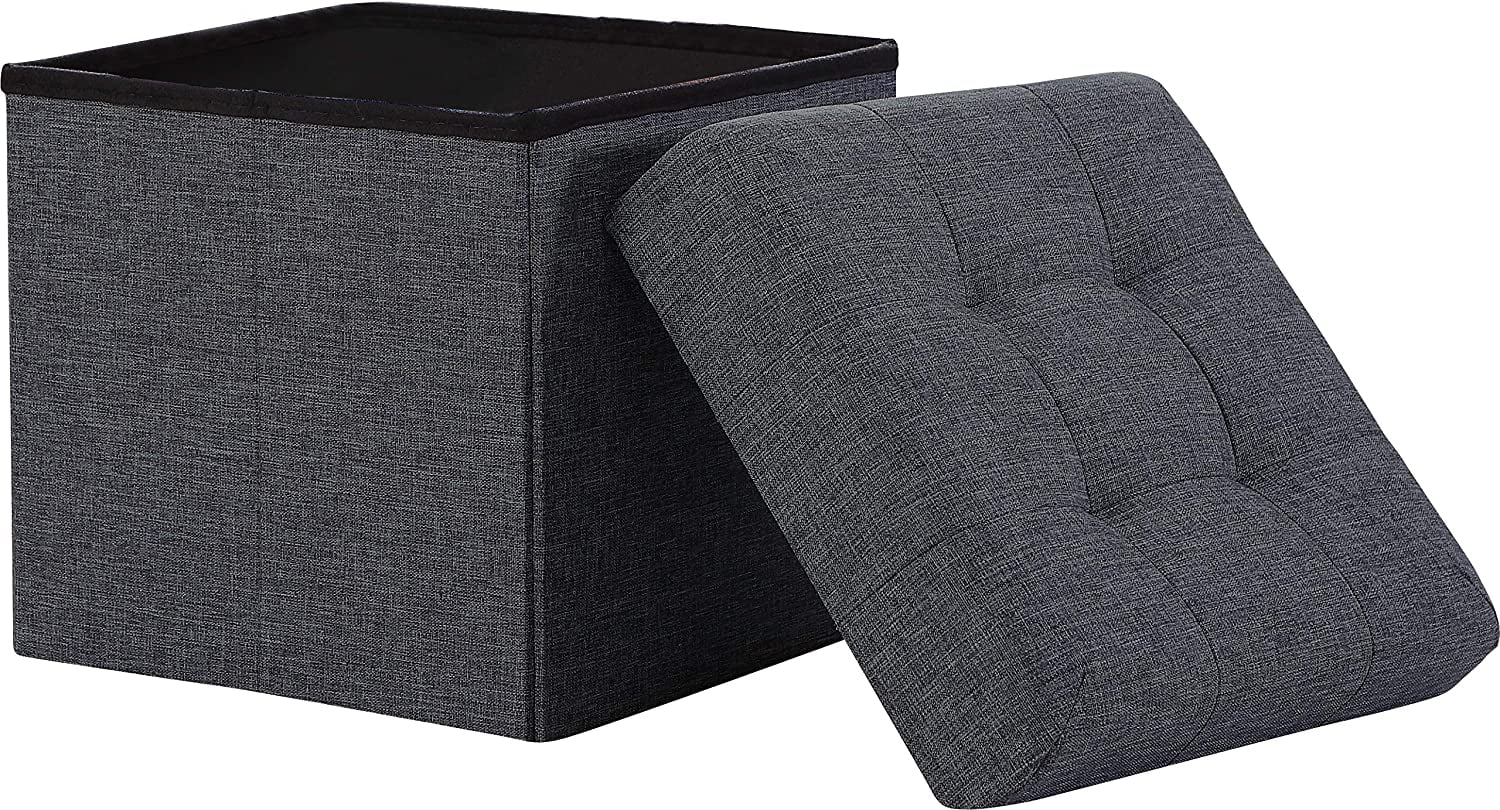 Ornavo Home Foldable Tufted Linen Storage Ottoman Cube Foot Rest Stool Seat - 15" x 15" (Black)