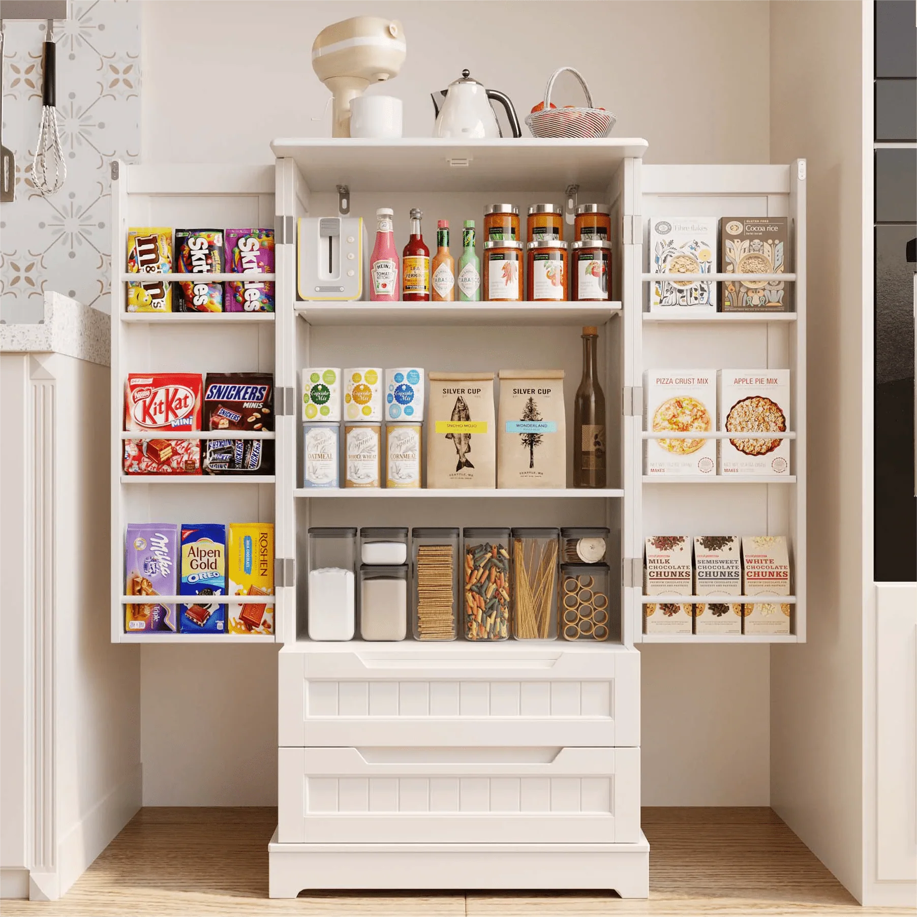 Pantry Cabinet, Lofka 47" Kitchen Pantry Storage Cabinet with 2 Shelves, Drawers, White