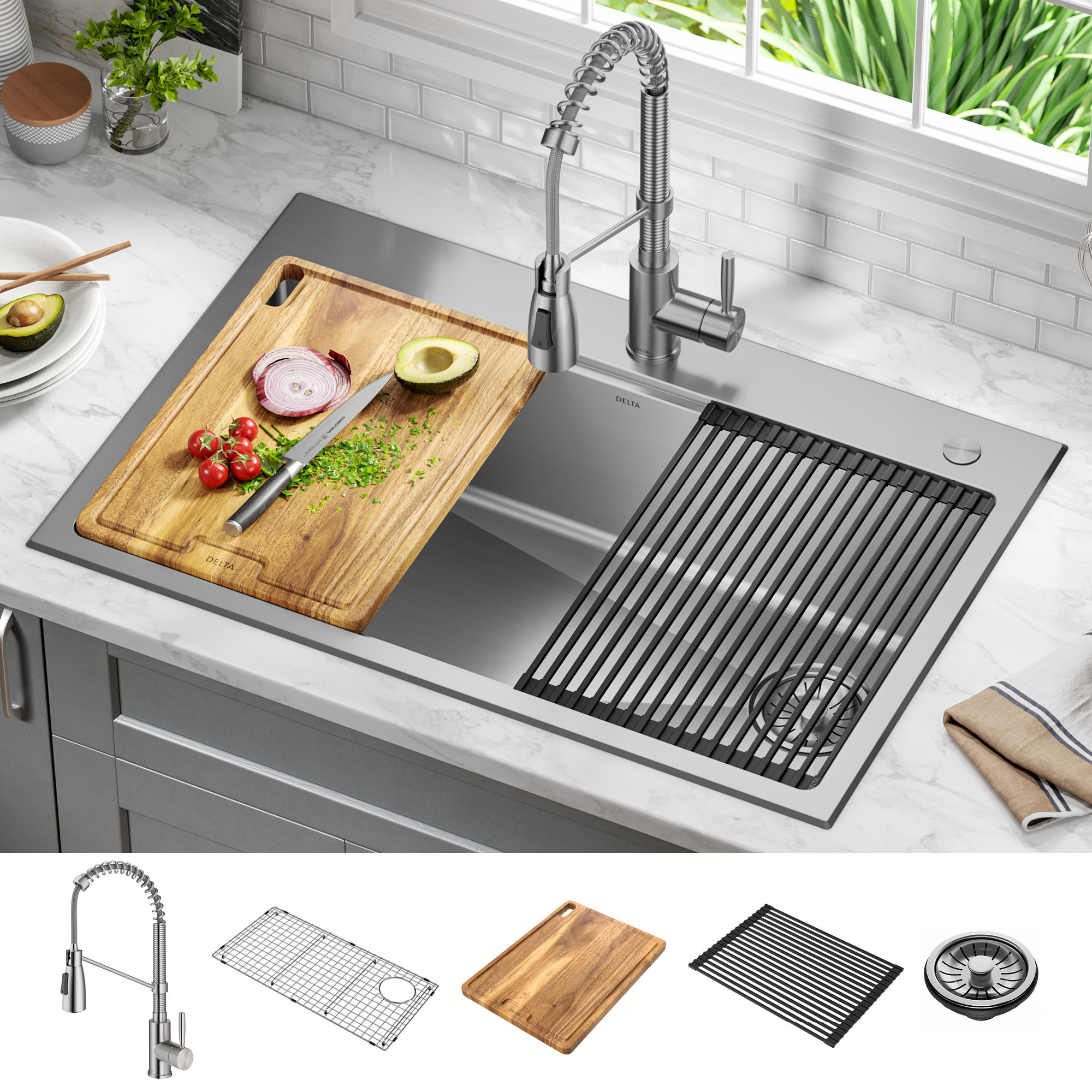 Delta 33' Dual Mount Workstation Sink with 18' Kitchen Faucet
