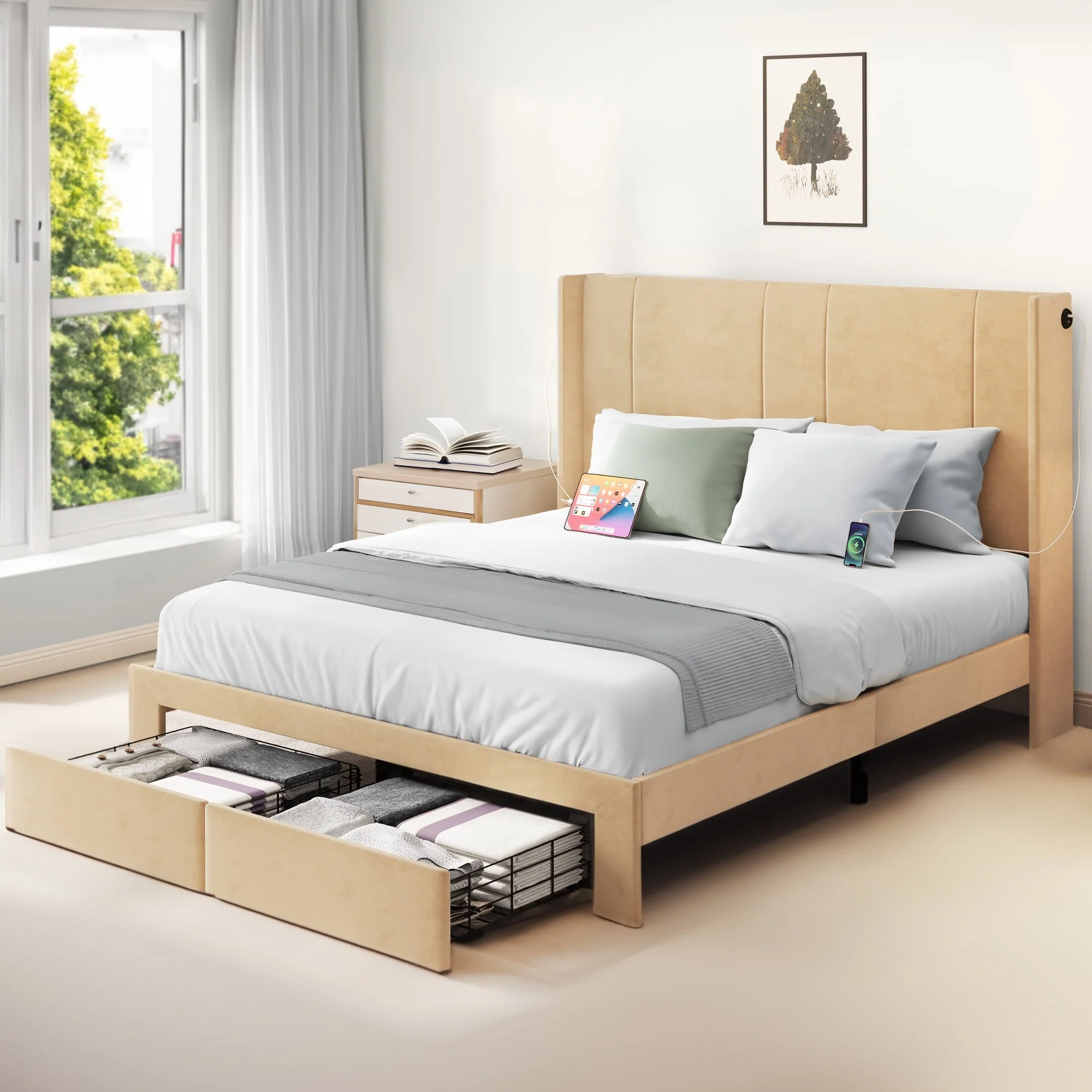 Dextrus Queen Size Upholstered Bed Frame,  Platform Bed Frame with Storage Drawers, Headboard Built-in 2 USB Charging Stations and Strong Wood Slats Support, No Box Spring Needed, Beige