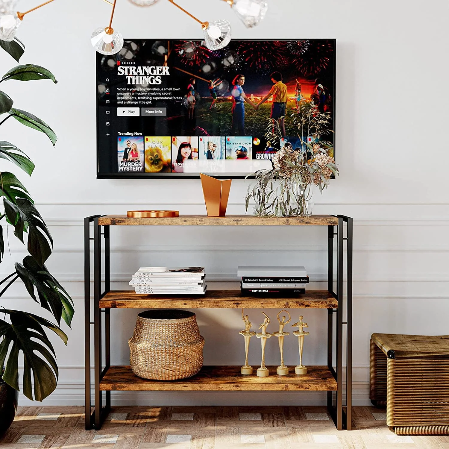 IRONCK Bookshelf 3 Shelf Bookcase, Wood Storage Shelf with Metal Frame for Living Room, Vintage Brown