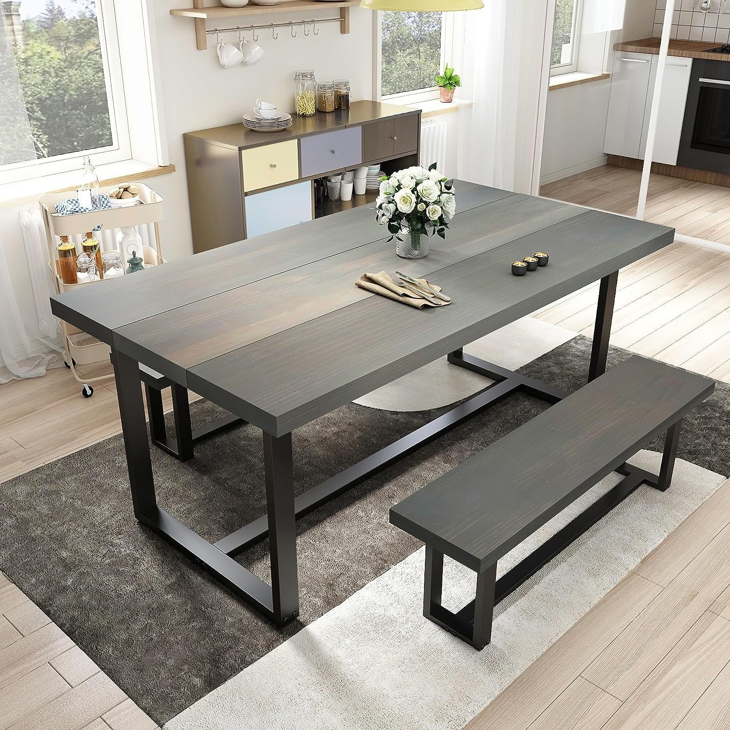 ChVans 52" Solid Wood Dining Table for 4-6 Person, Modern Farmhouse Kitchen Table with Metal Frame, Sturdy Breakfast Table for Living, Dining Room, Office Desk(Light Grey-52 in Dining Table)