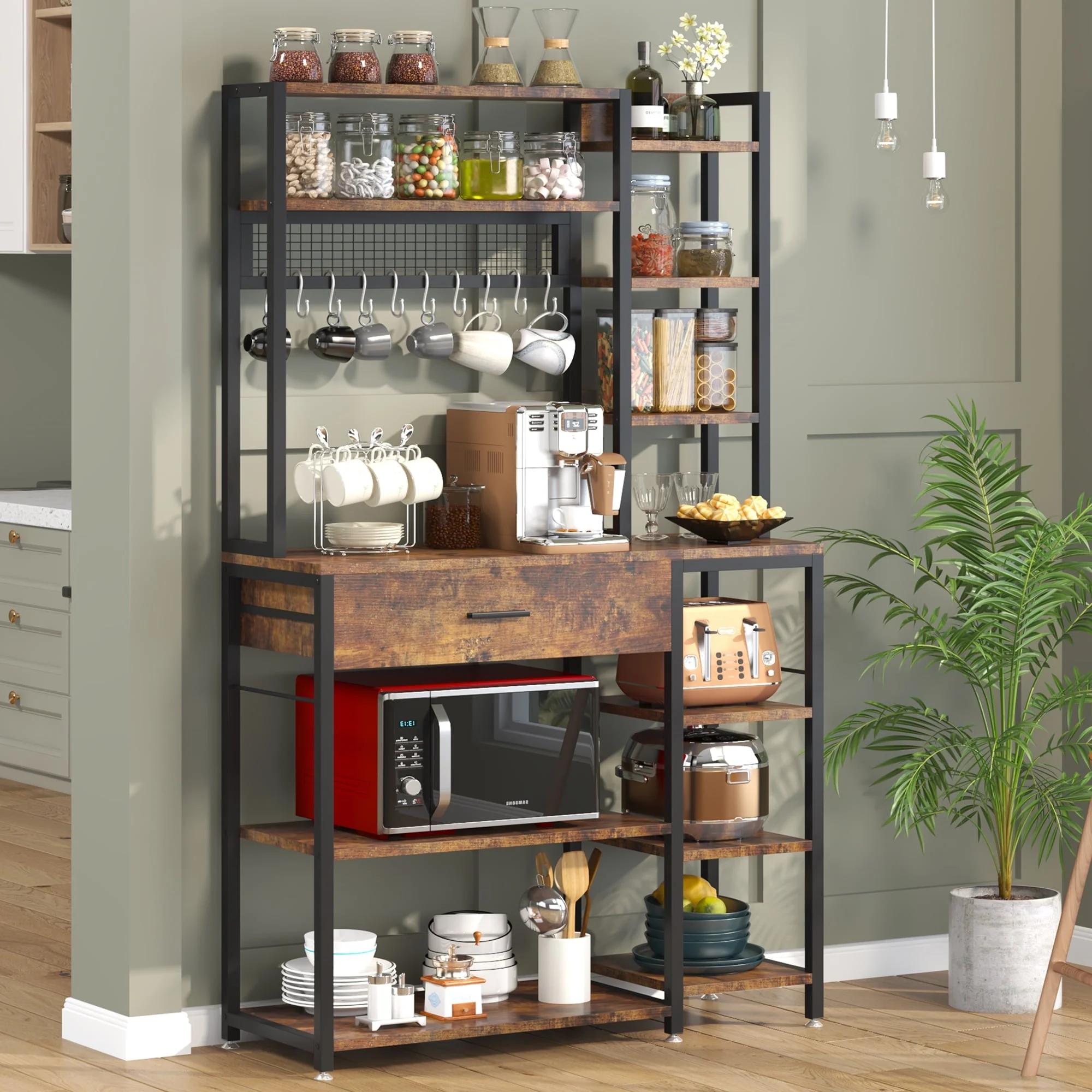 Tribesigns 70.9 inch Baker's Rack with Drawer, Wood 5-Tier+6-Tier Kitchen Shelf Rack, Brown