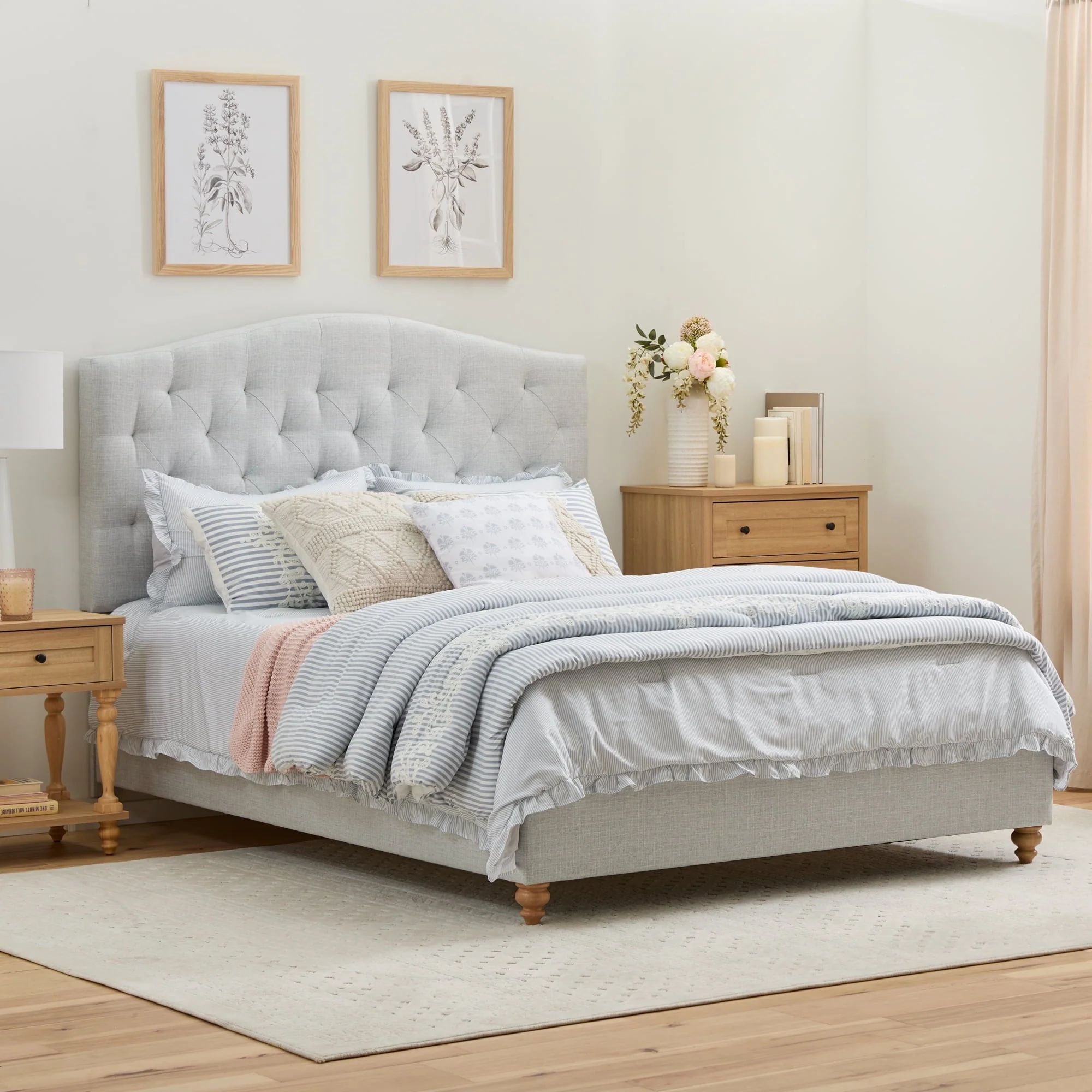 My Texas House Anna Upholstered Diamond Tufted Platform Bed, Queen, Light Gray