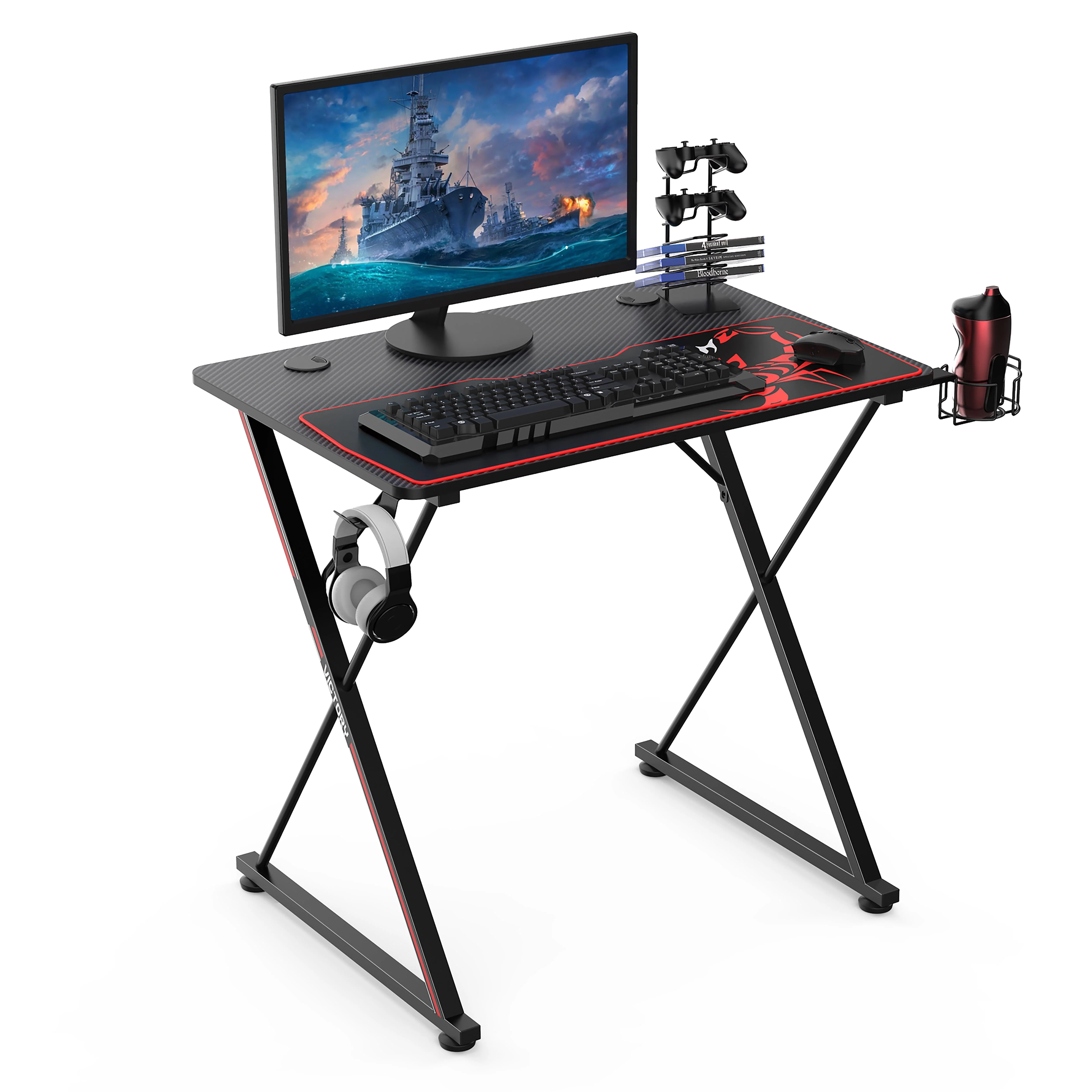 PX Series 31.5 in. Black Computer Gaming Desk with Cup Holder, Gear Rack, Headphone Hook, Socket Holder
