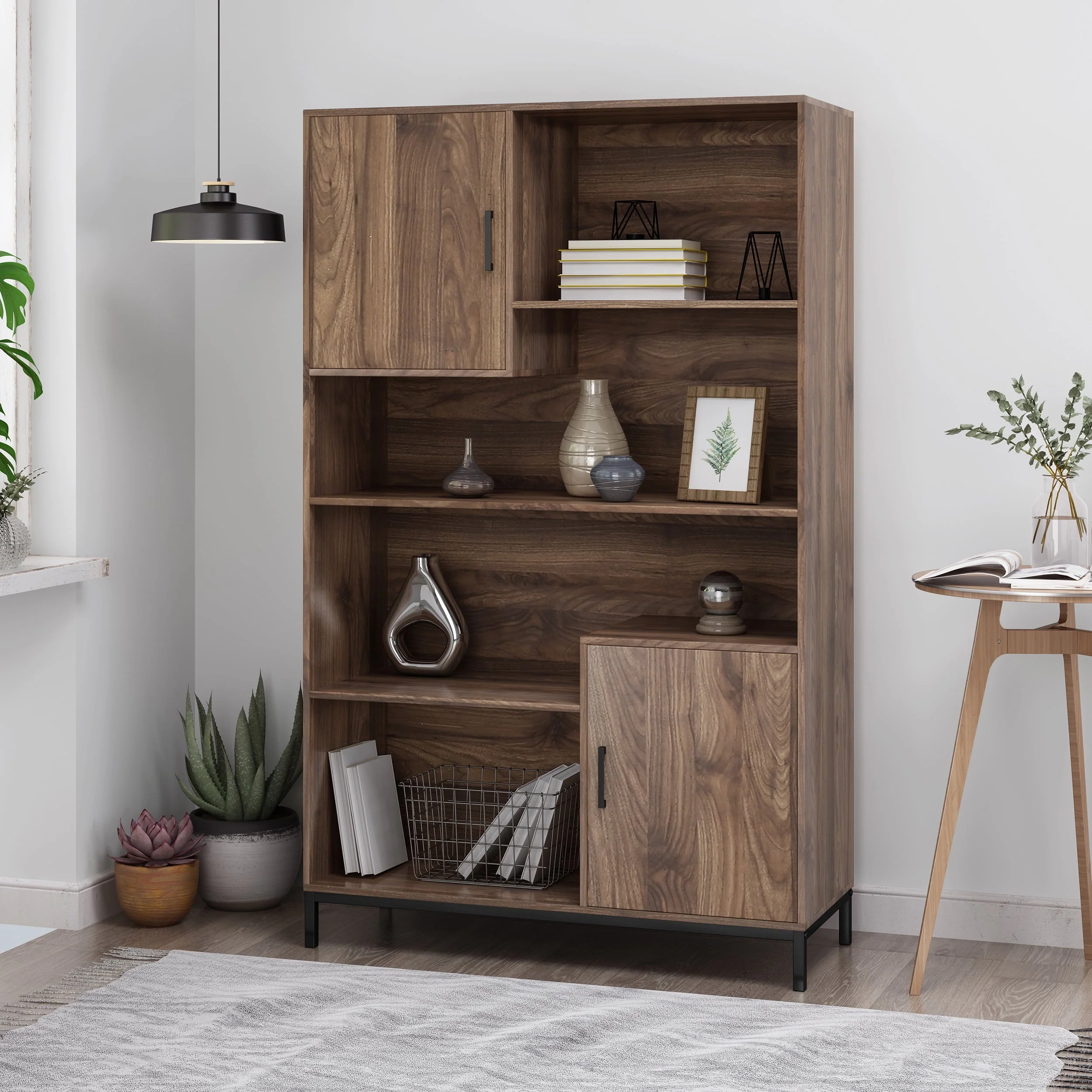 Noble House Lumiere Contemporary Faux Wood Cube Unit Bookcase, Walnut and Black