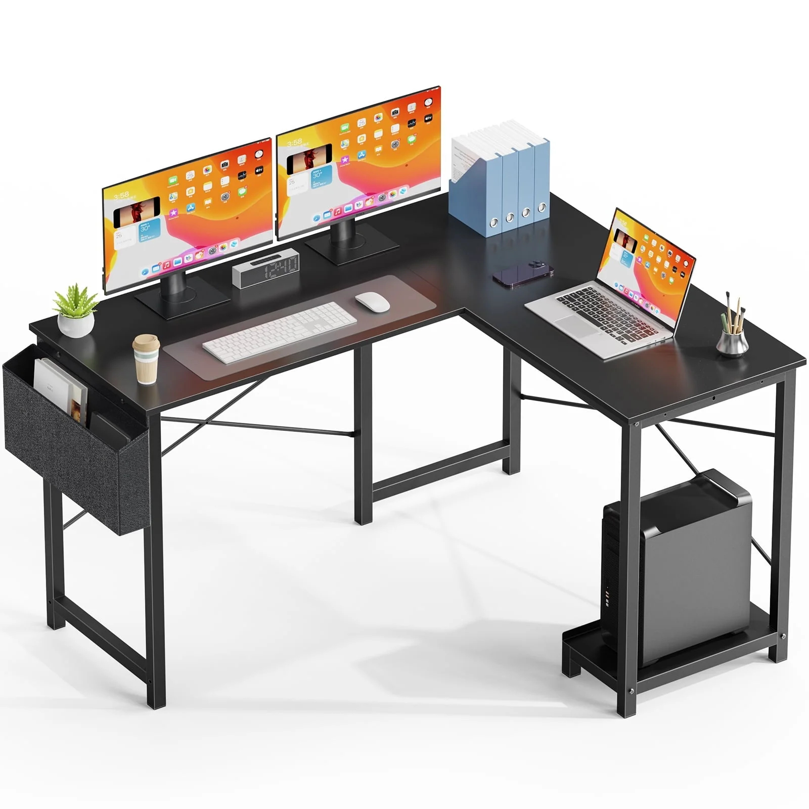 Modern L-Shaped Desk with Reversible Storage Shelf for Home and Office Use - 49 Inch Computer Desk for Gaming, Study, and Workstation, Black