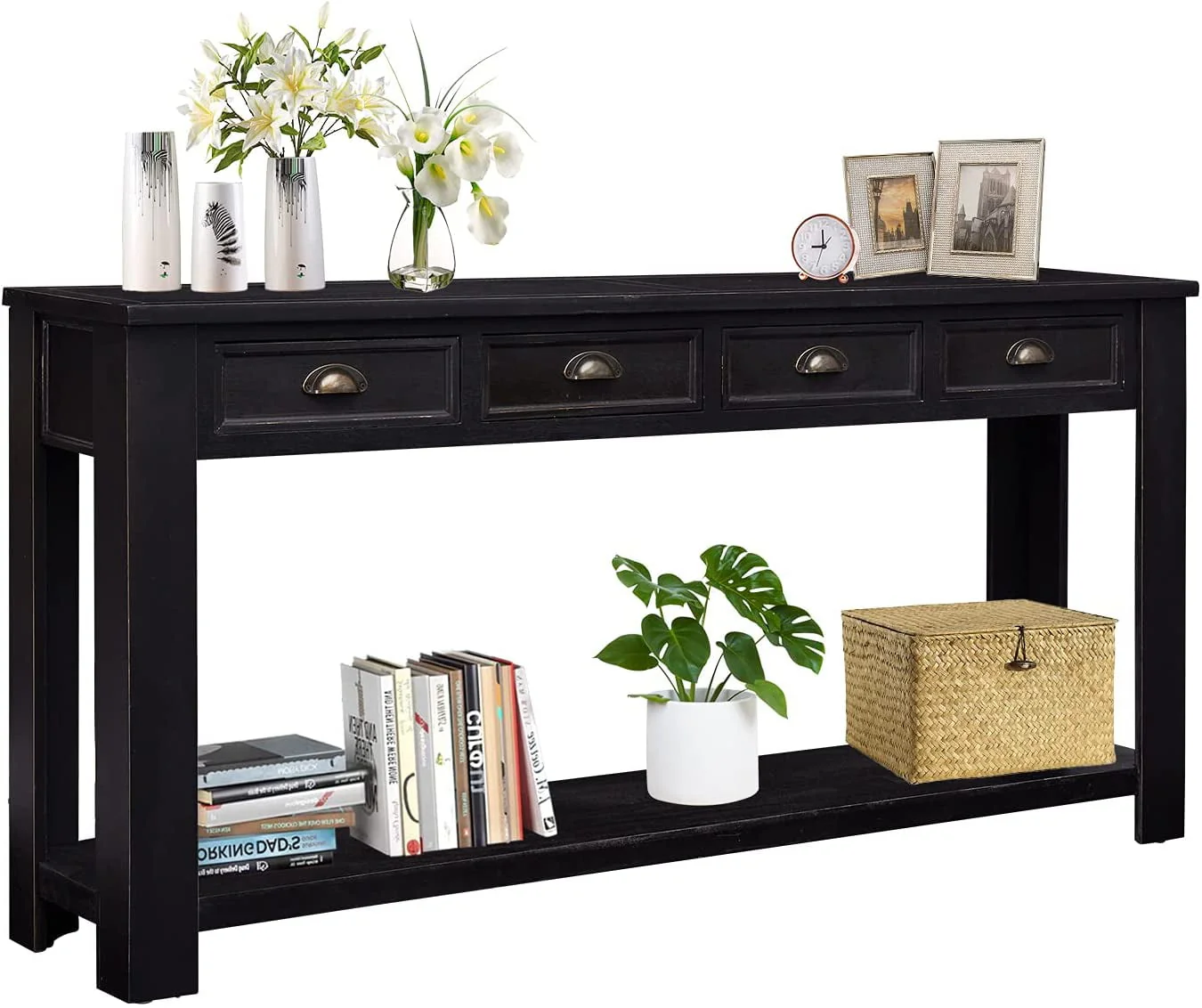 Kinbor 60" Console Table Entryway Hallway Decoration Drawers Shelf Painted Black Rustic