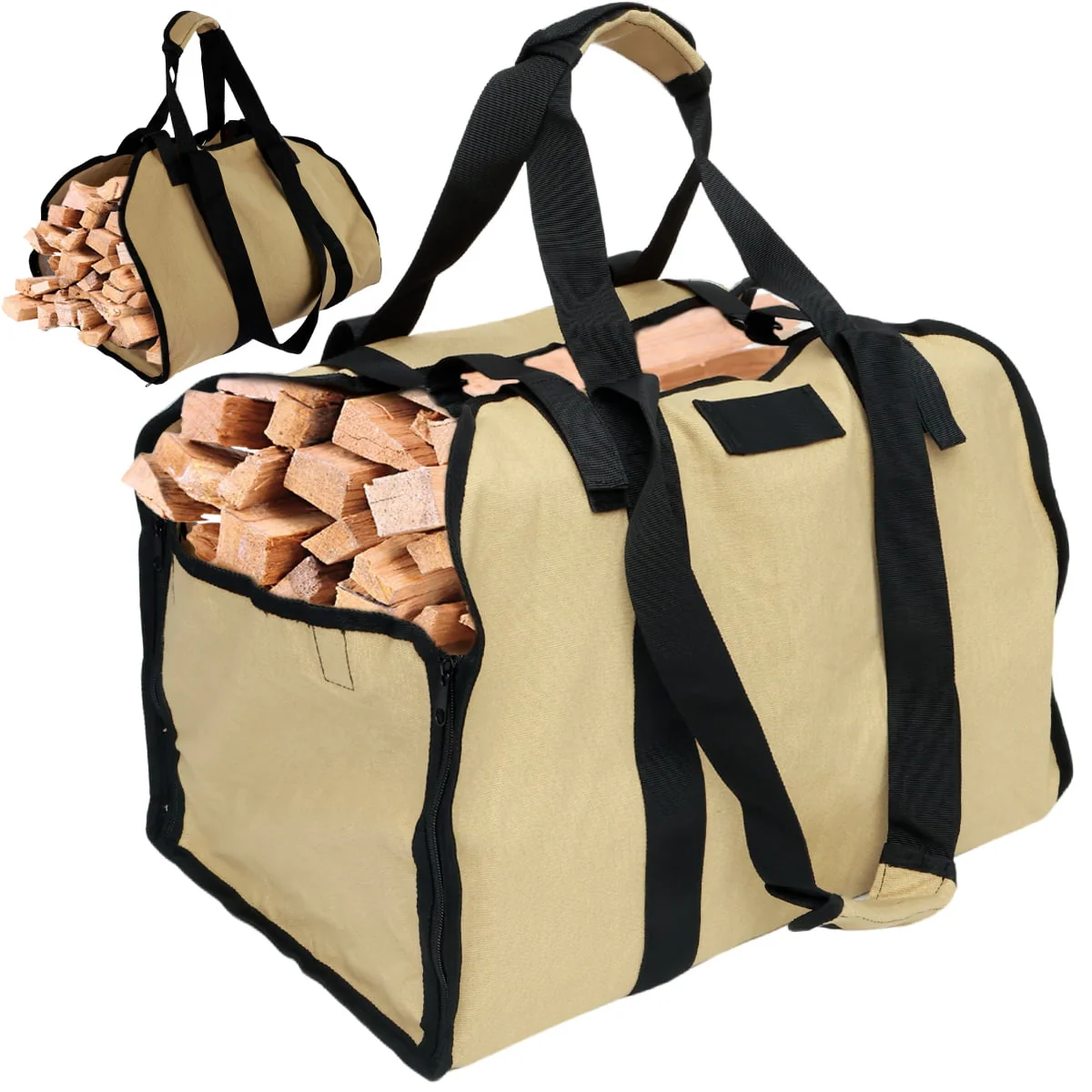 MLfire Canvas Firewood Log Carrier Bag, Canvas Firewood Tote Bag, Extra Large Firewood Holder, Wood Carrying Bag with Shoulder Strap and Top Handles for Camping