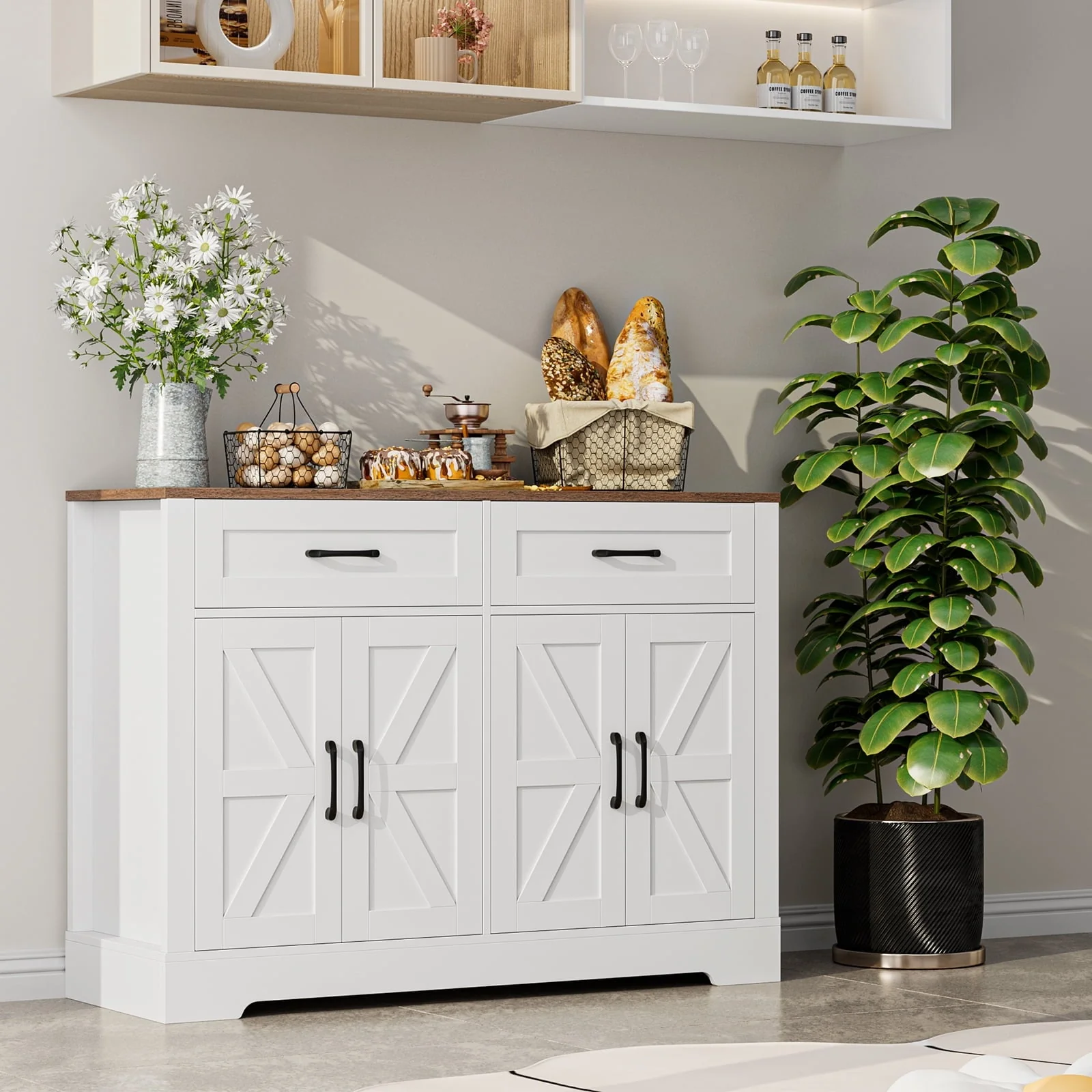 Homfa Farmhouse Buffet Sideboard, 2 Drawers & 4 Doors Shelf Space Wood Storage Cabinet for Dining Room Living Room Bedroom, White